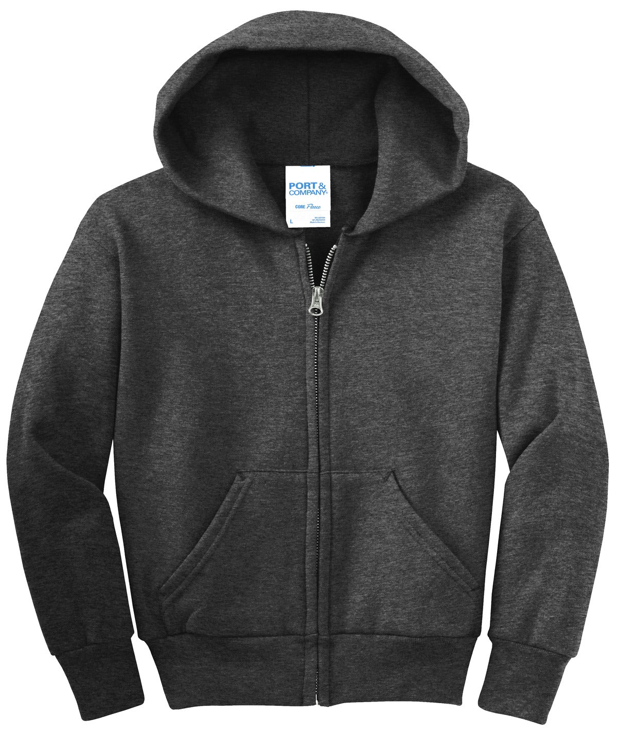 Front View of Dark Hthr Grey Port & Co Youth Core Fleece Full-Zip Hooded Sweatshirt. PC90YZH