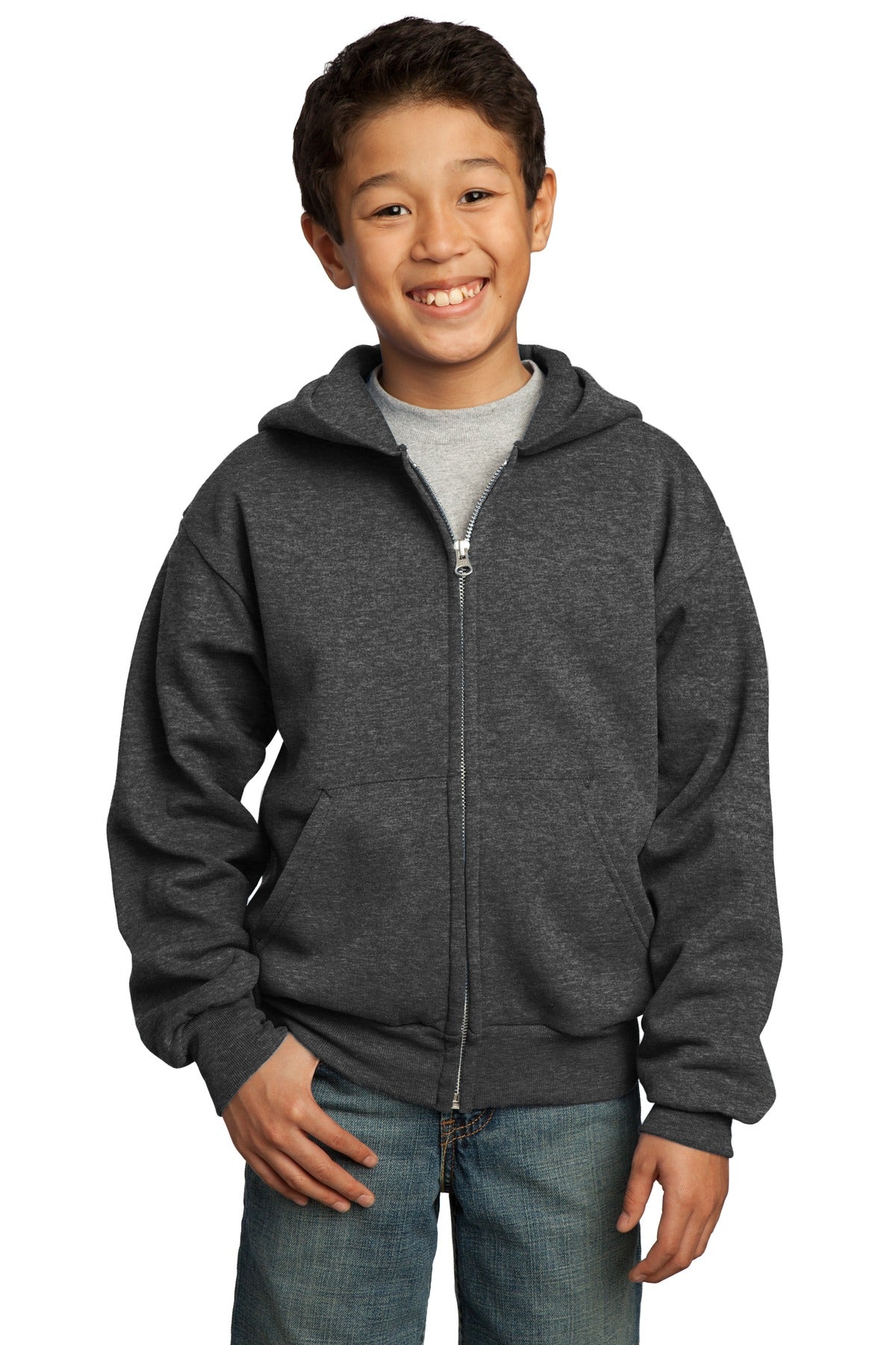 Front View of Dark Hthr Grey Port & Co Youth Core Fleece Full-Zip Hooded Sweatshirt. PC90YZH