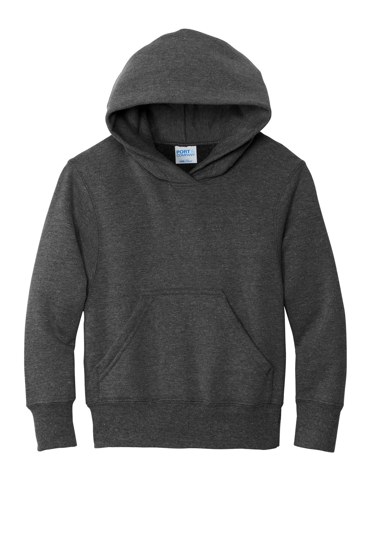 Front View of Dark Hthr Grey Port & Co Youth Core Fleece Pullover Hooded Sweatshirt. PC90YH