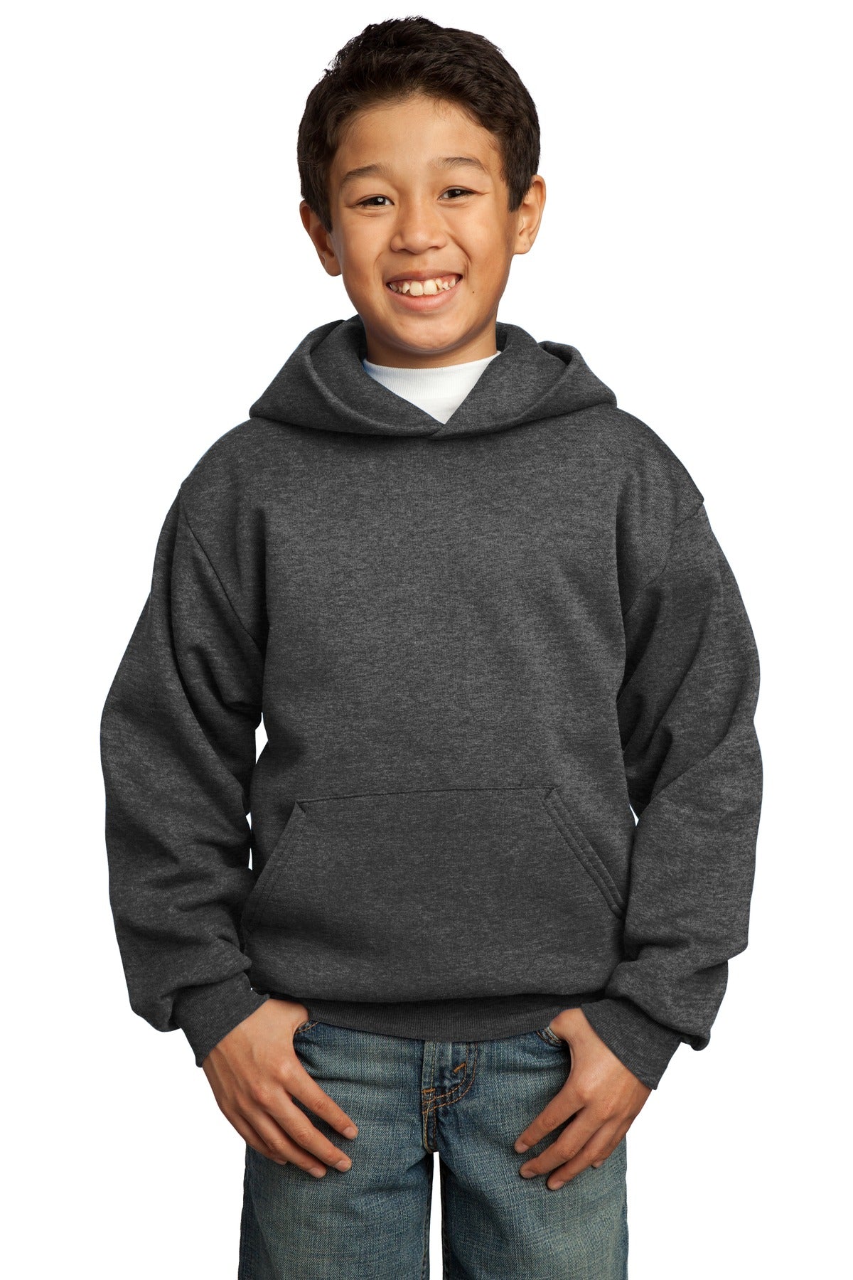 Front View of Dark Hthr Grey Port & Co Youth Core Fleece Pullover Hooded Sweatshirt. PC90YH
