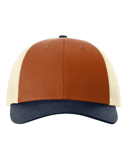 Front View of Dark Orange/ Birch/ Patriot Blue Low Pro Trucker Cap - 115