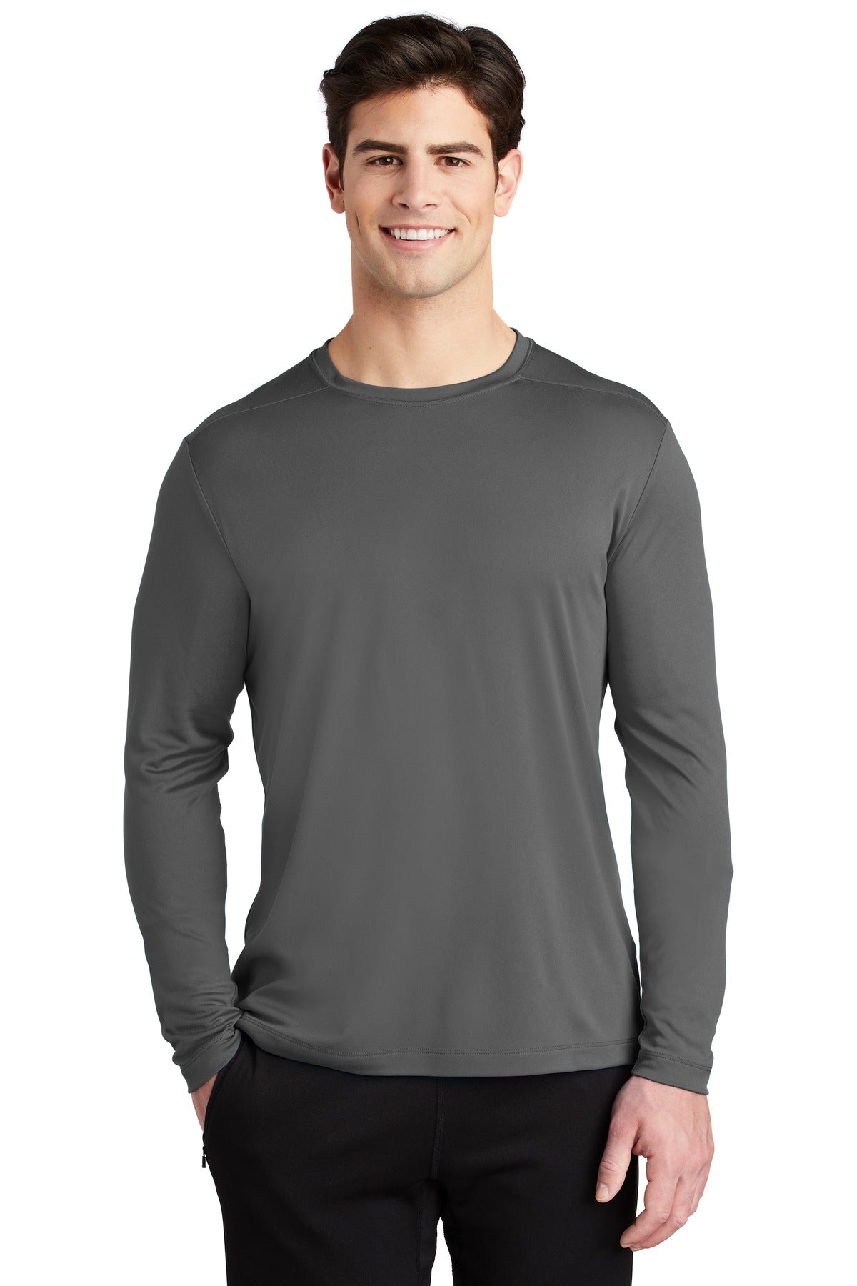 Front View of Dark Smoke Gry Sport-Tek Posi-UV Pro Long Sleeve Tee. ST420LS