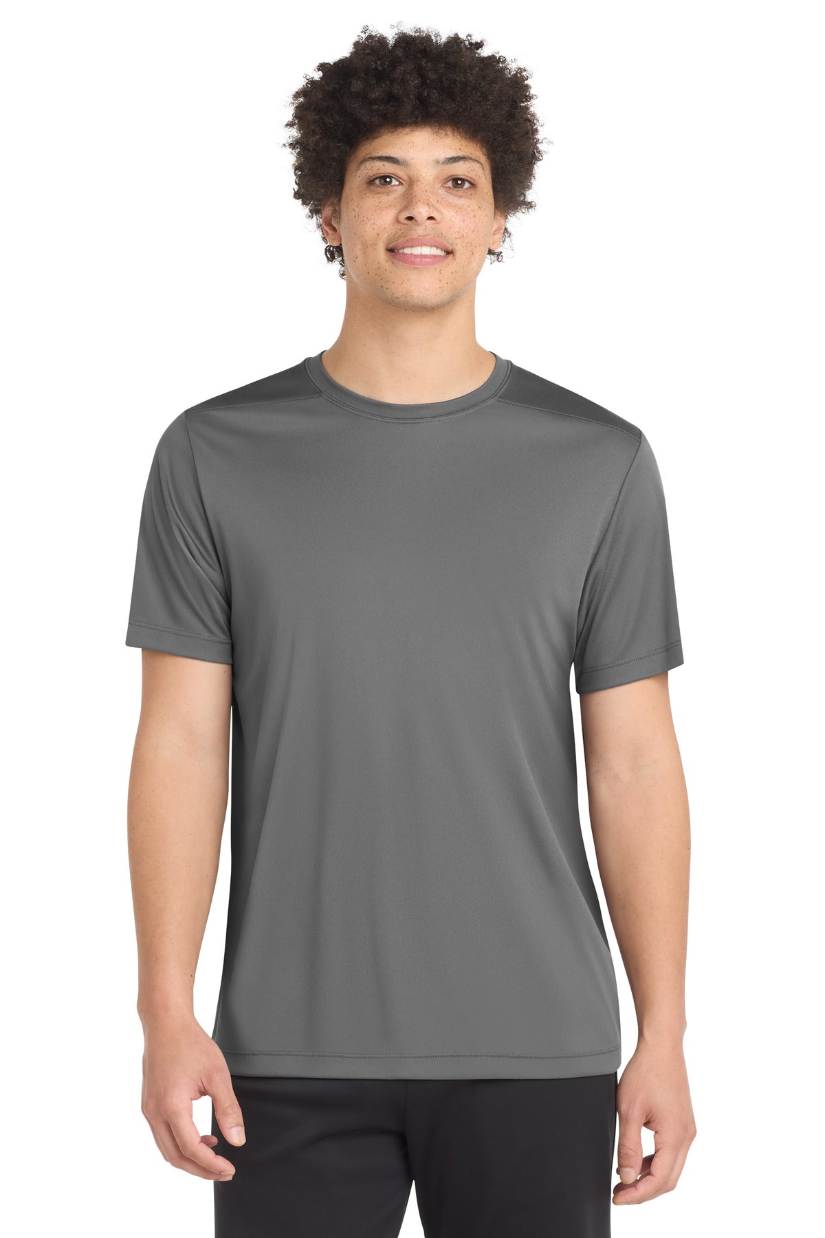 Front View of Dark Smoke Gry Sport-Tek Posi-UV Pro Tee. ST420