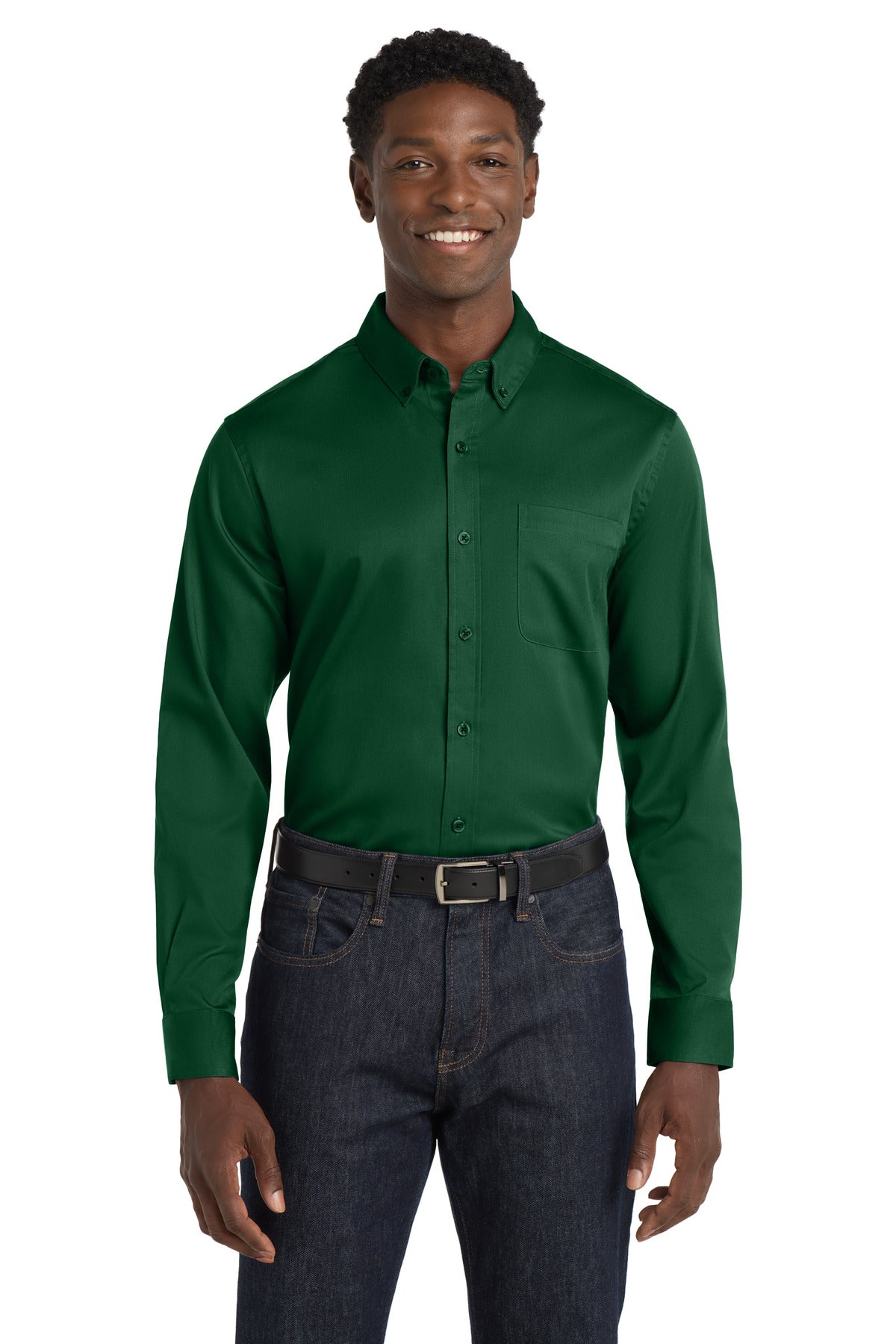 Front View of DarkGreen Port Authority Long Sleeve SuperPro React Twill Shirt. W808