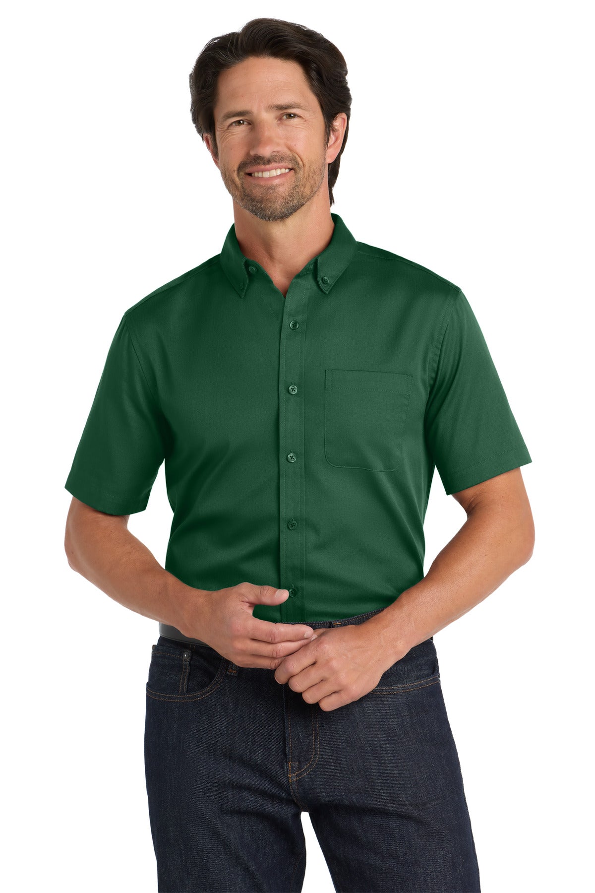Front View of DarkGreen Port Authority Short Sleeve SuperPro React Twill Shirt. W809
