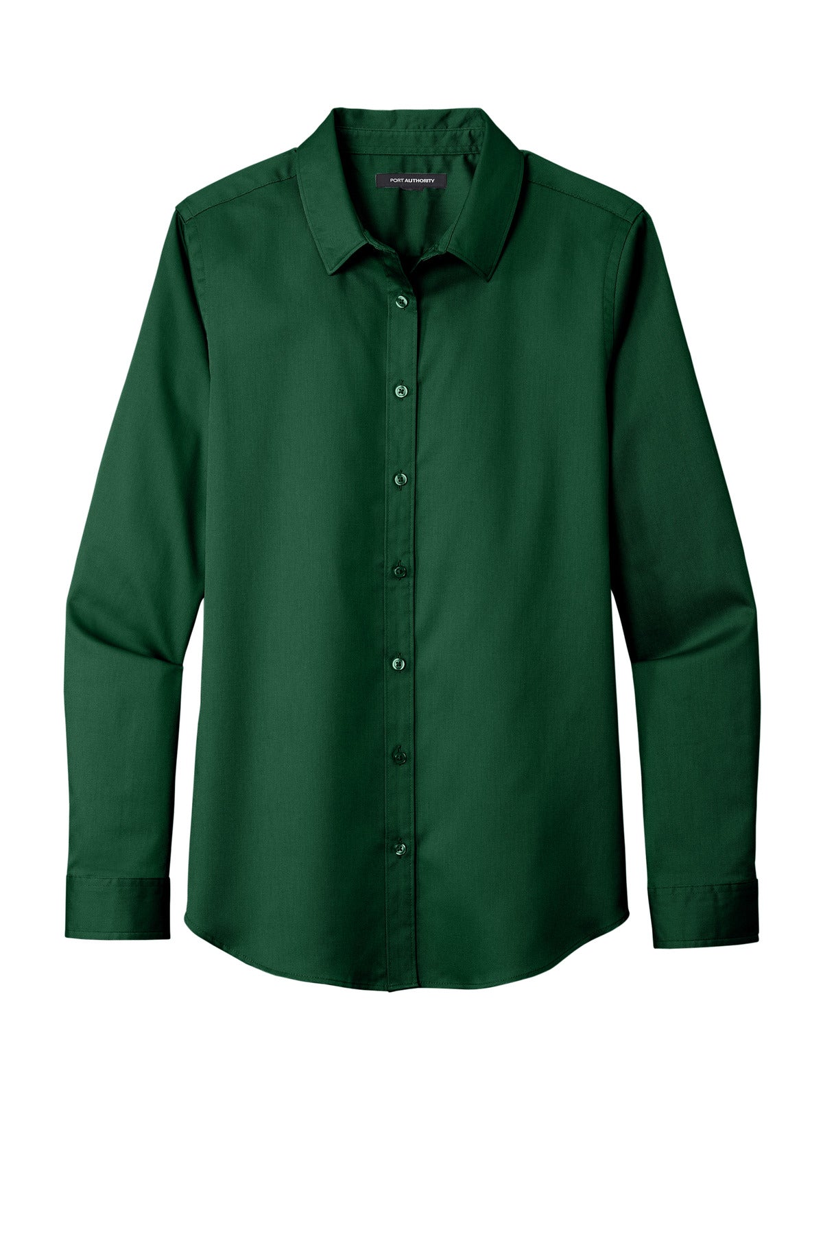 Front View of DarkGreen Port Authority Women's Long Sleeve SuperPro React Twill Shirt. LW808