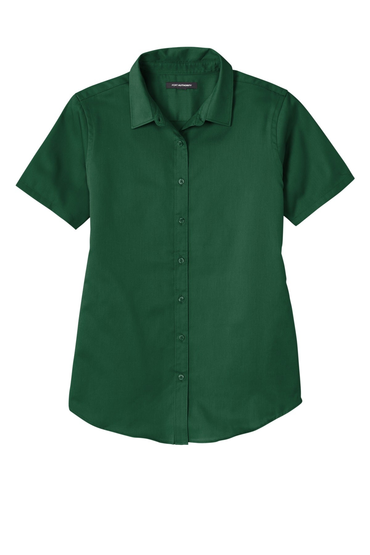 Front View of DarkGreen Port Authority Women's Short Sleeve SuperPro React Twill Shirt. LW809