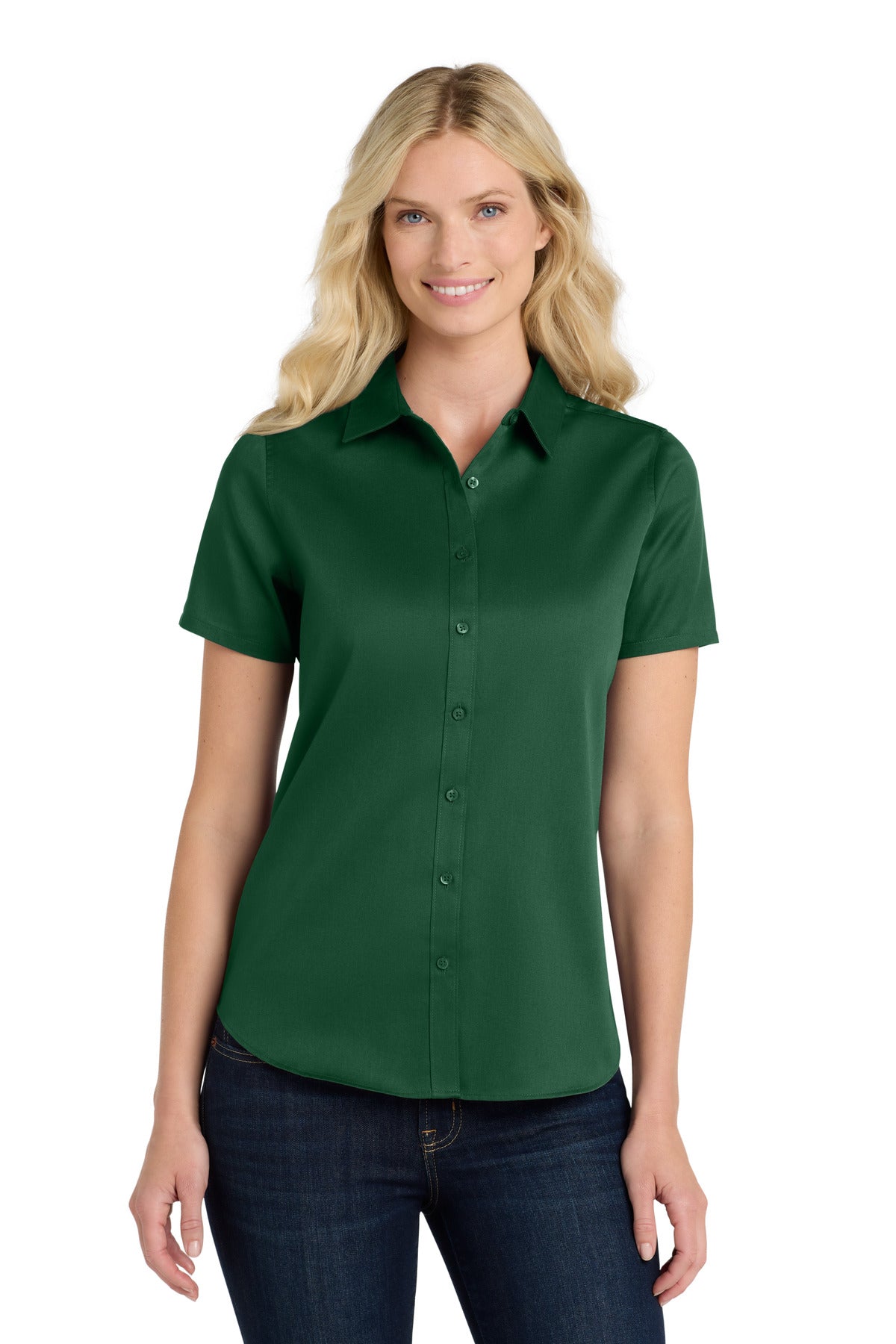 Front View of DarkGreen Port Authority Women's Short Sleeve SuperPro React Twill Shirt. LW809