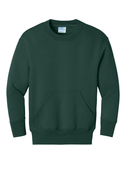 Front View of DarkGreen Port & Co Youth Core Fleece Crewneck Pocket Sweatshirt PC78YPKT