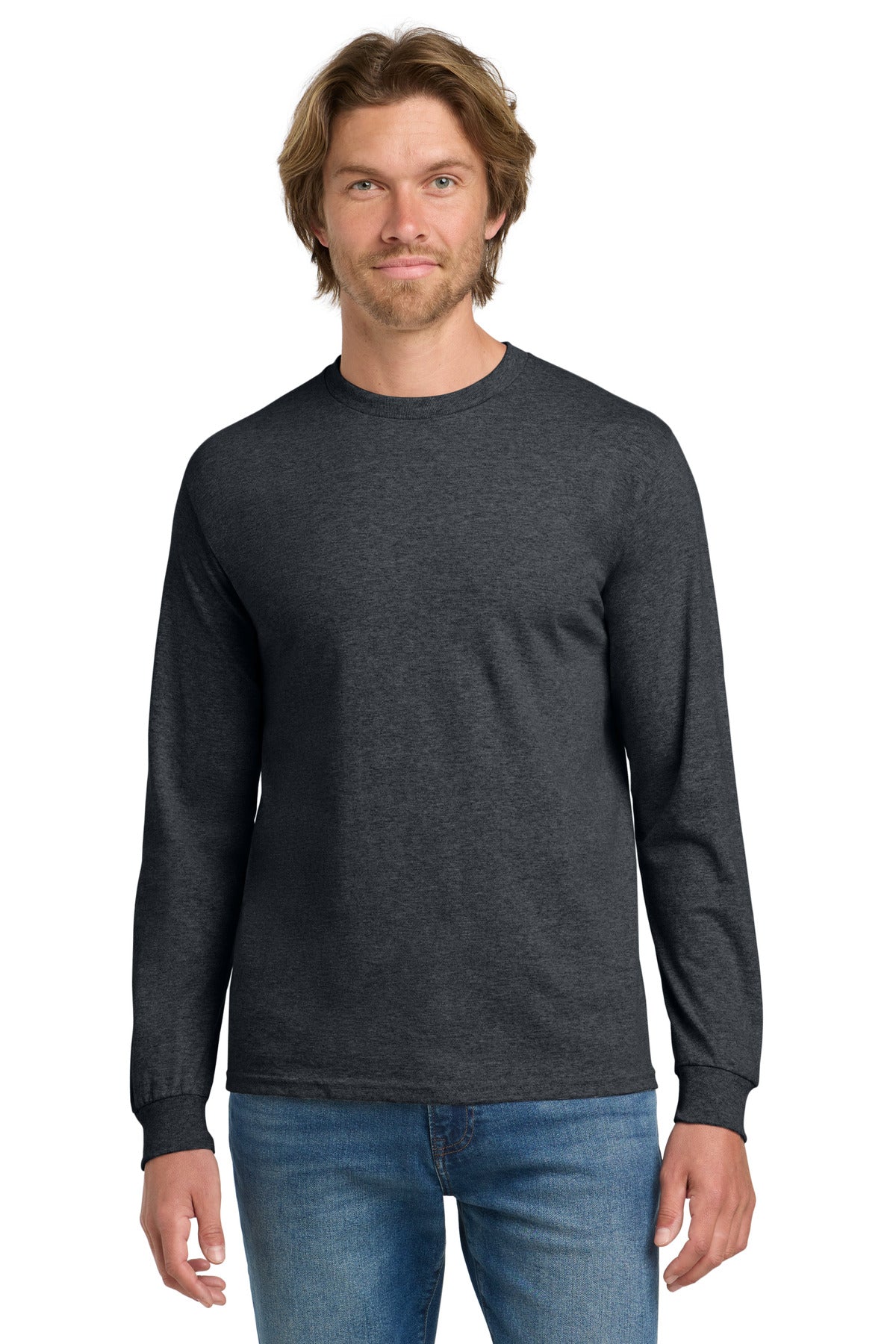 Front View of DarkHthr Gildan - Heavy Cotton 100% Cotton Long Sleeve T-Shirt. 5400