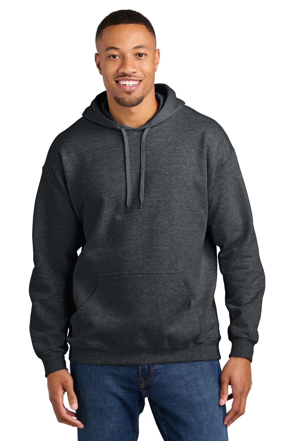 Front View of DarkHthr Gildan Softstyle Midweight Pullover Hooded Sweatshirt SF500