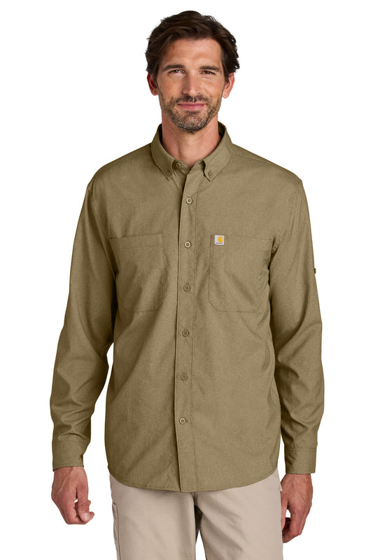 Front View of DarkKhaki Carhartt Force Sun Defender Long Sleeve Shirt CT107106