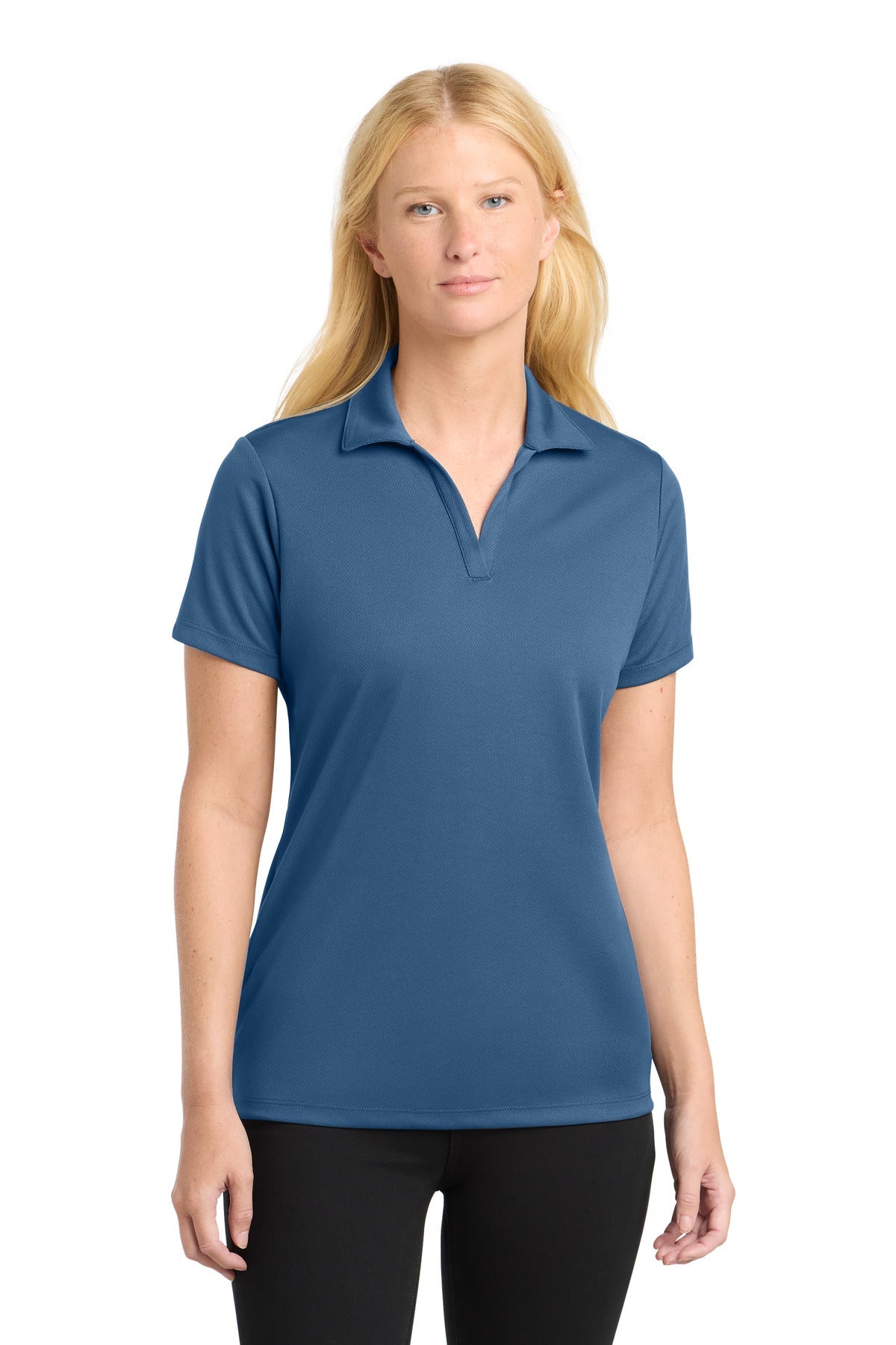 Front View of Dawn Blue Sport-Tek Women's PosiCharge RacerMesh Polo. LST640