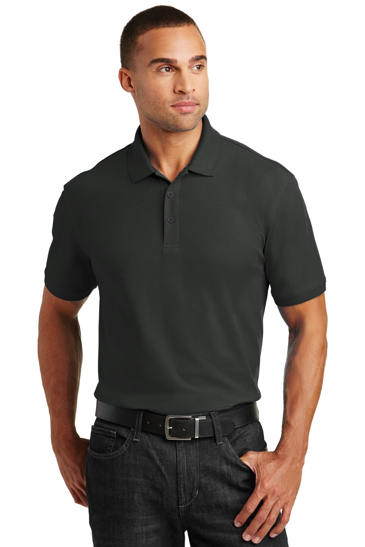Front View of Deep Black Port Authority Core Classic Pique Polo. K100