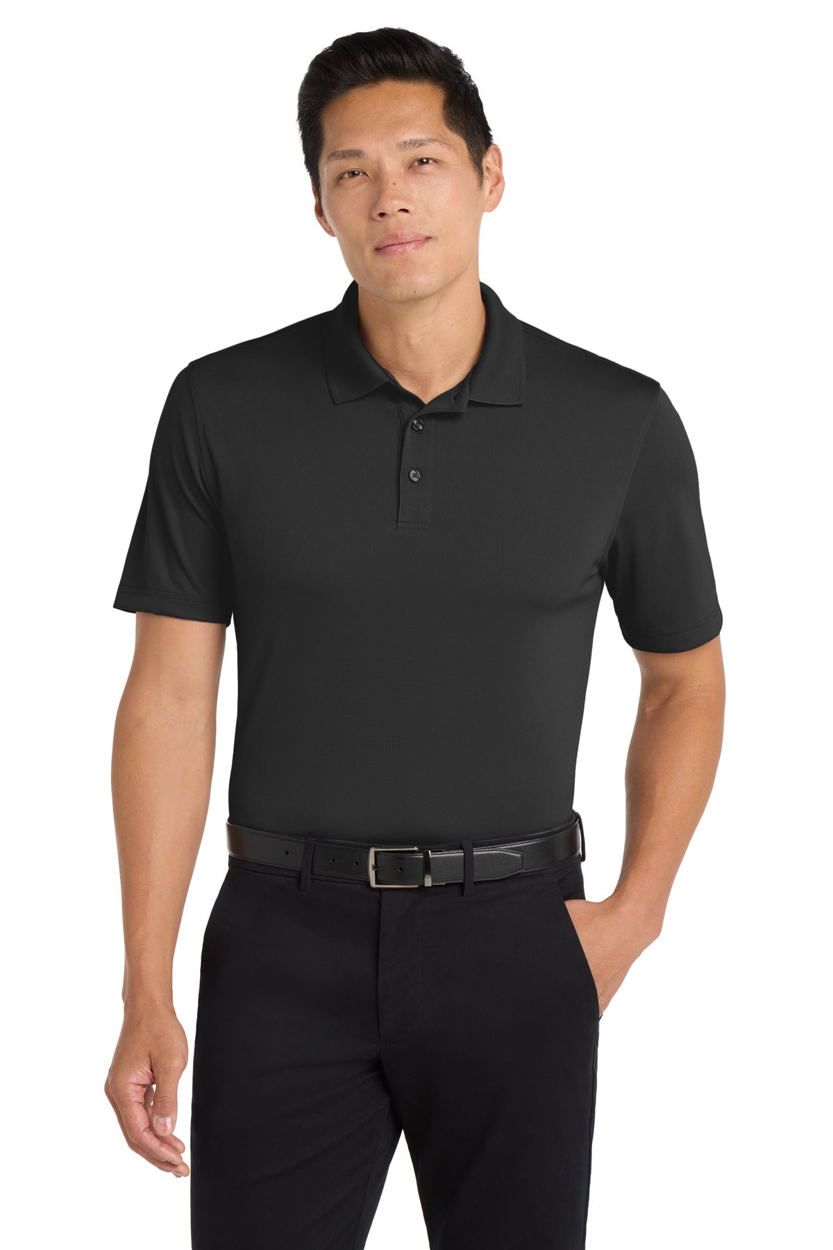 Front View of Deep Black Port Authority Dry Zone UV Micro-Mesh Polo. K110