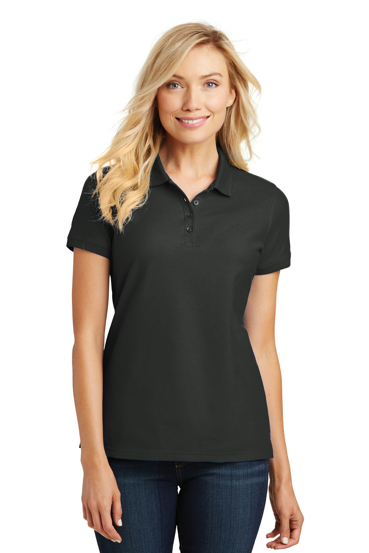 Front View of Deep Black Port Authority Women's Core Classic Pique Polo. L100