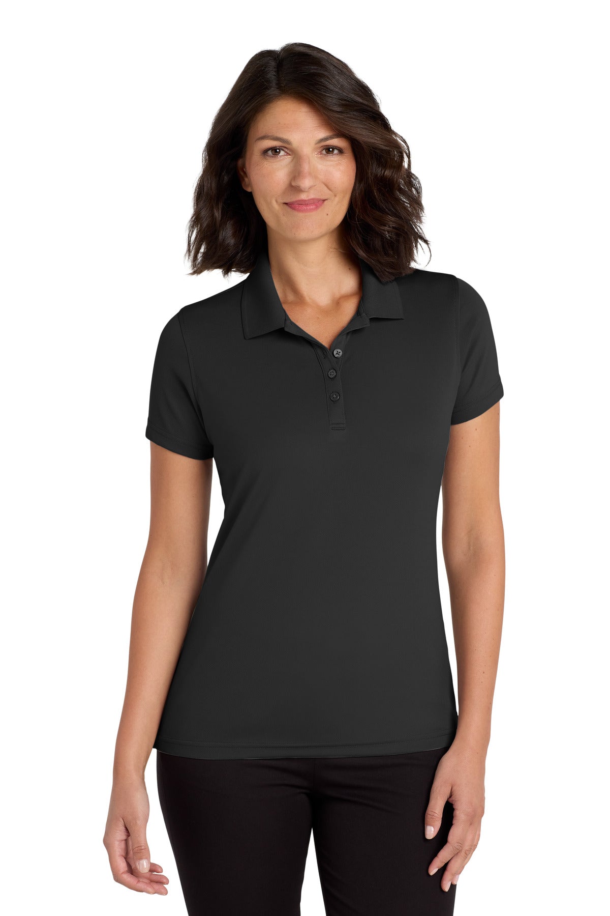 Front View of Deep Black Port Authority Women's Dry Zone UV Micro-Mesh Polo. LK110