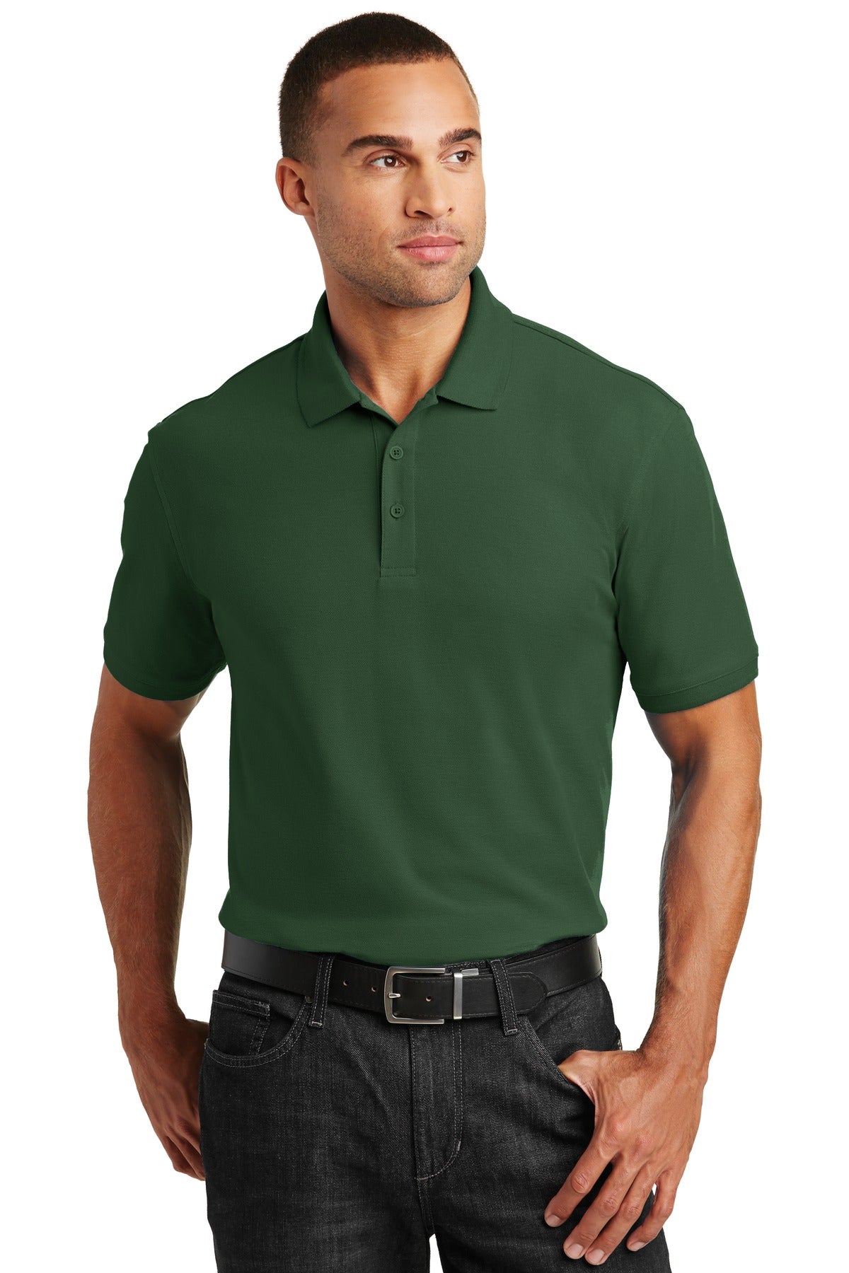 Front View of Deep For Green Port Authority Core Classic Pique Polo. K100