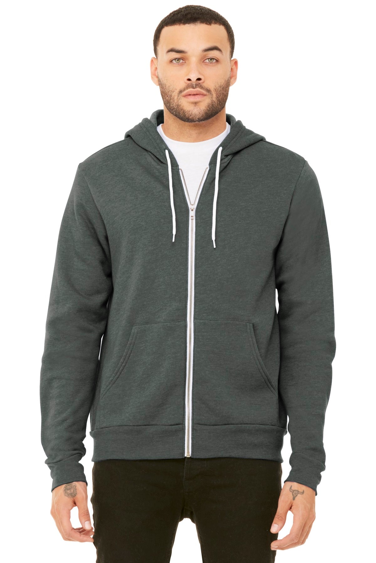 Front View of Deep Ht BELLA+CANVAS Unisex Sponge Fleece Full-Zip Hoodie. BC3739