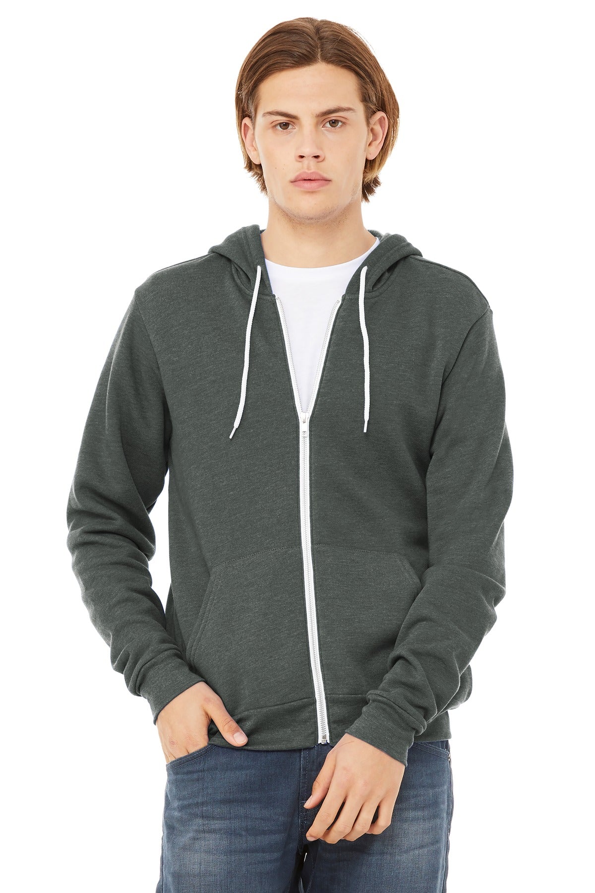 Front View of Deep Ht BELLA+CANVAS Unisex Sponge Fleece Full-Zip Hoodie. BC3739