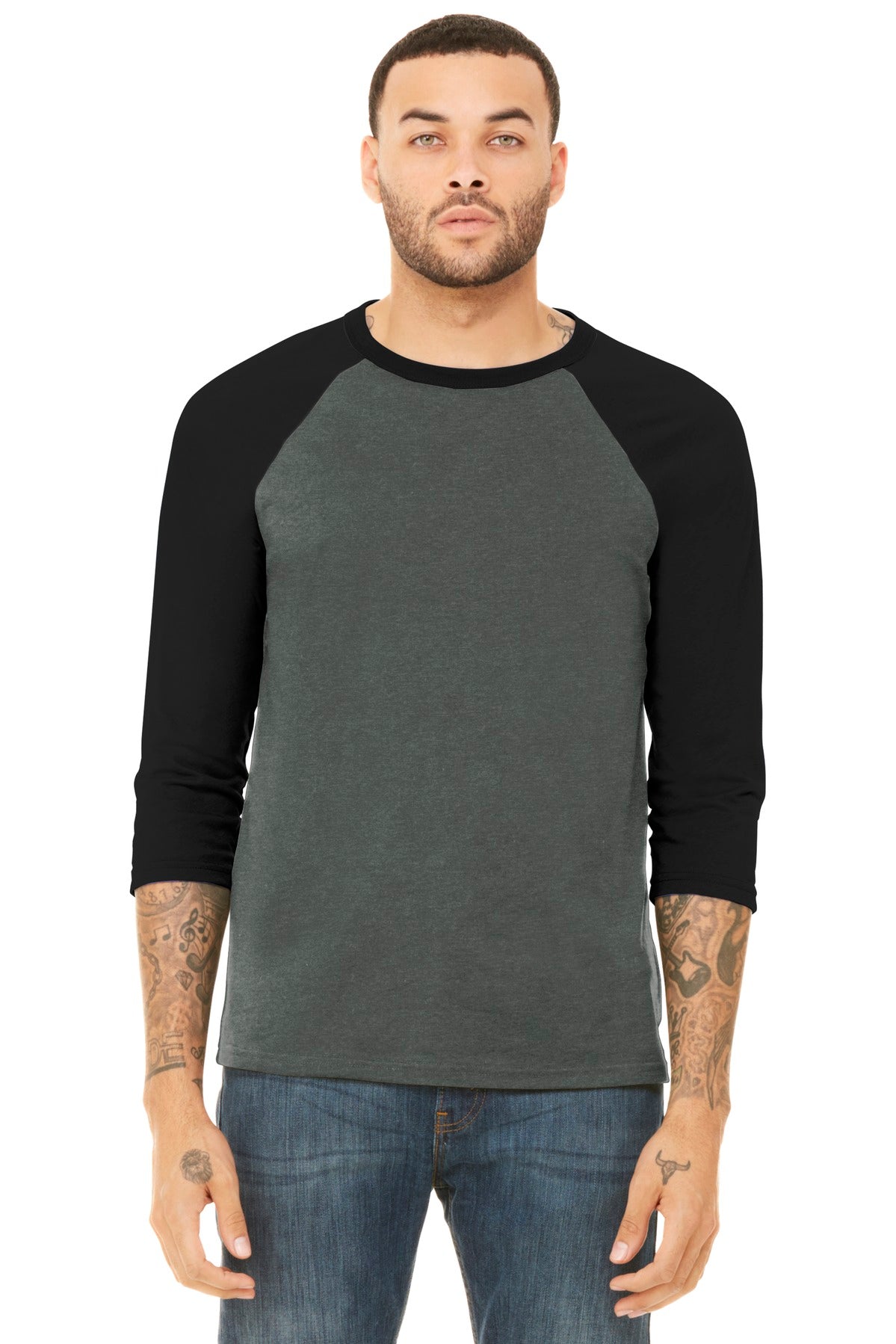 Front View of Deep Ht/Black BELLA+CANVAS Unisex 3/4-Sleeve Baseball Tee. BC3200