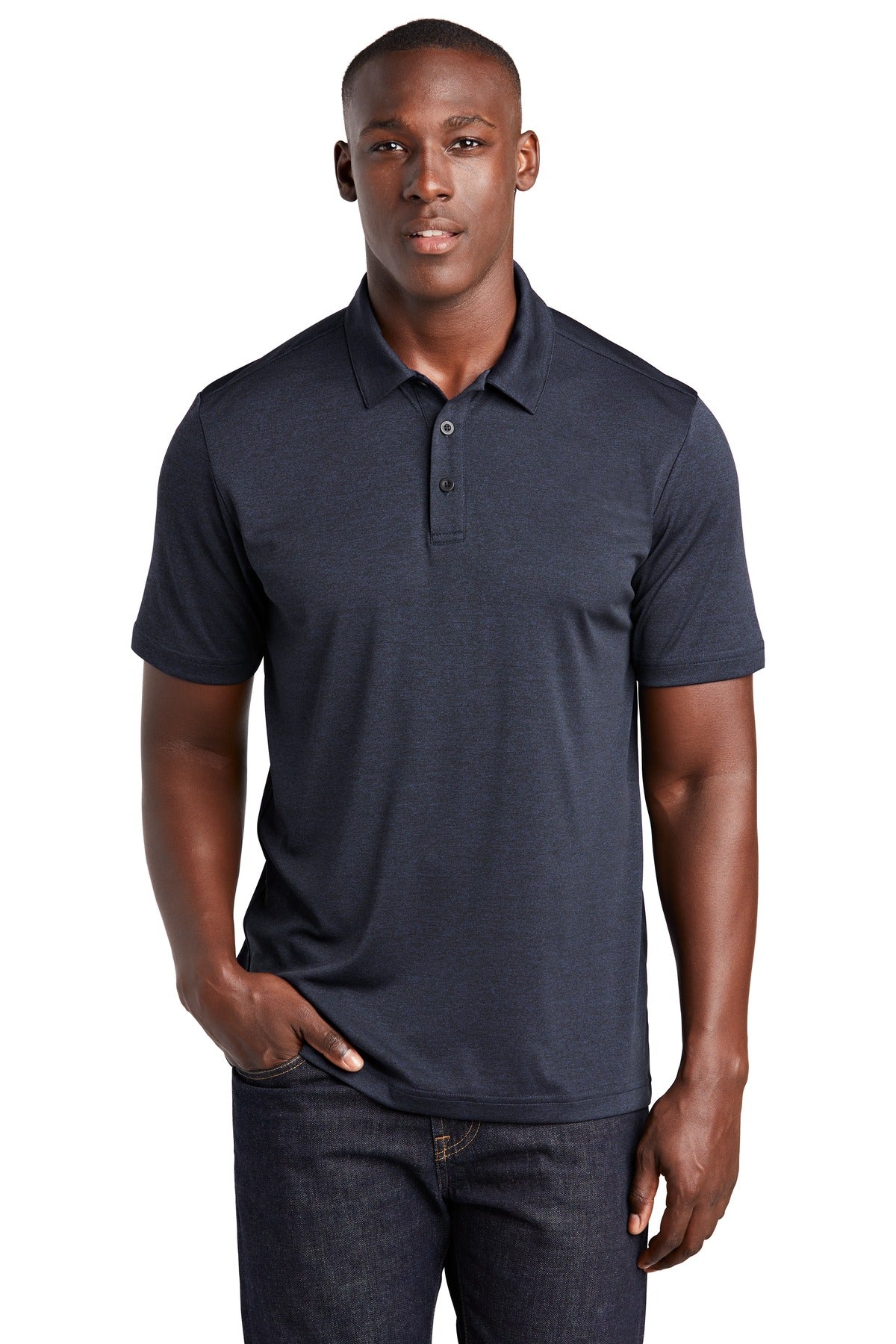 Front View of Deep Navy Hthr Sport-Tek Endeavor Polo. ST467
