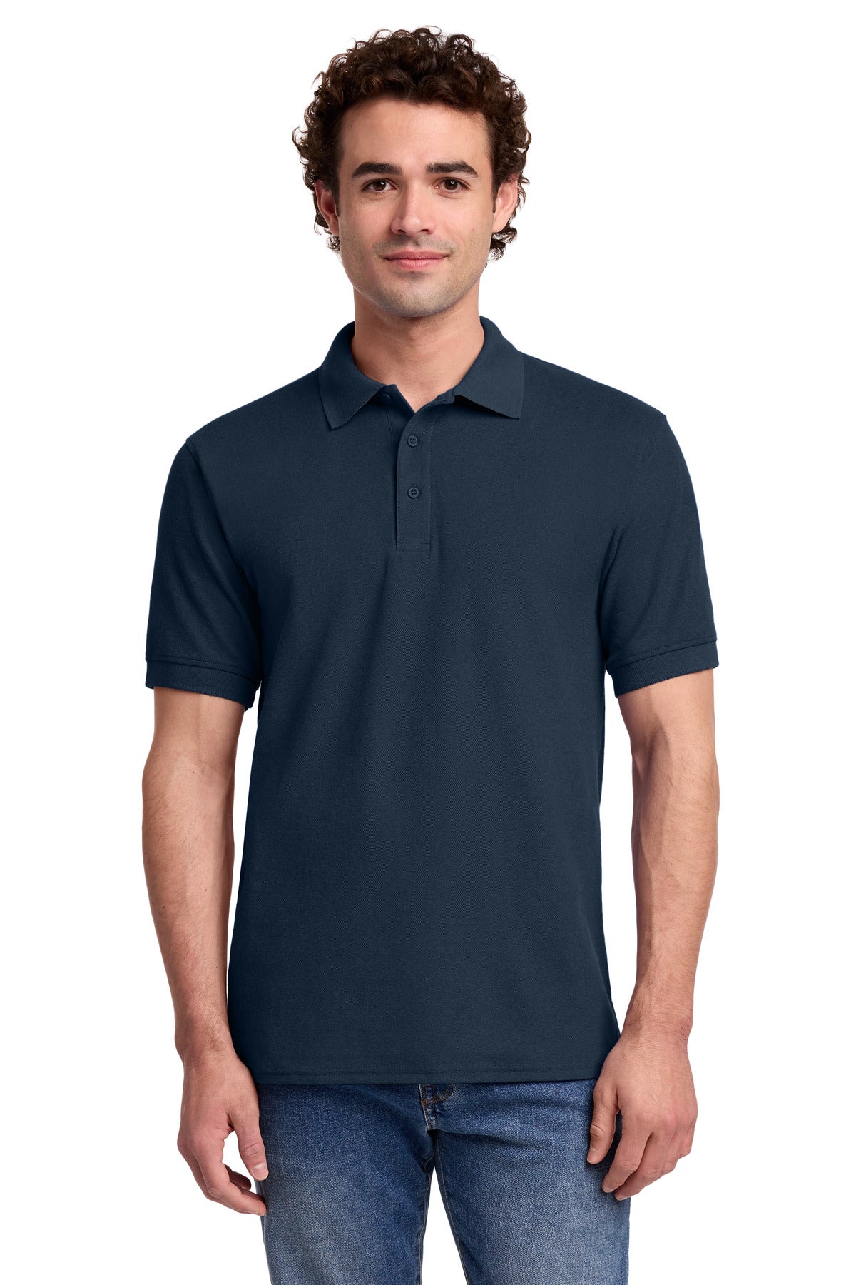 Front View of Deep Navy Port & Co Core Blend Pique Polo. KP155