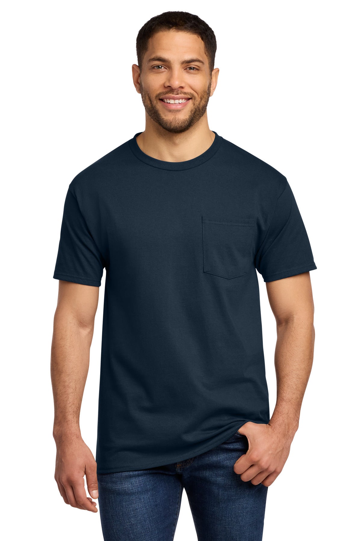 Front View of Deep Navy Port & Co Essential Pocket Tee. PC61P
