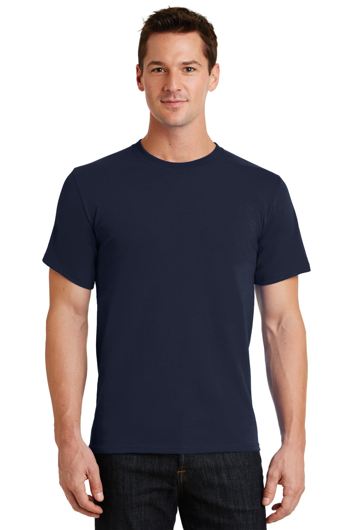 Front View of Deep Navy Port & Co Essential Tee. PC61