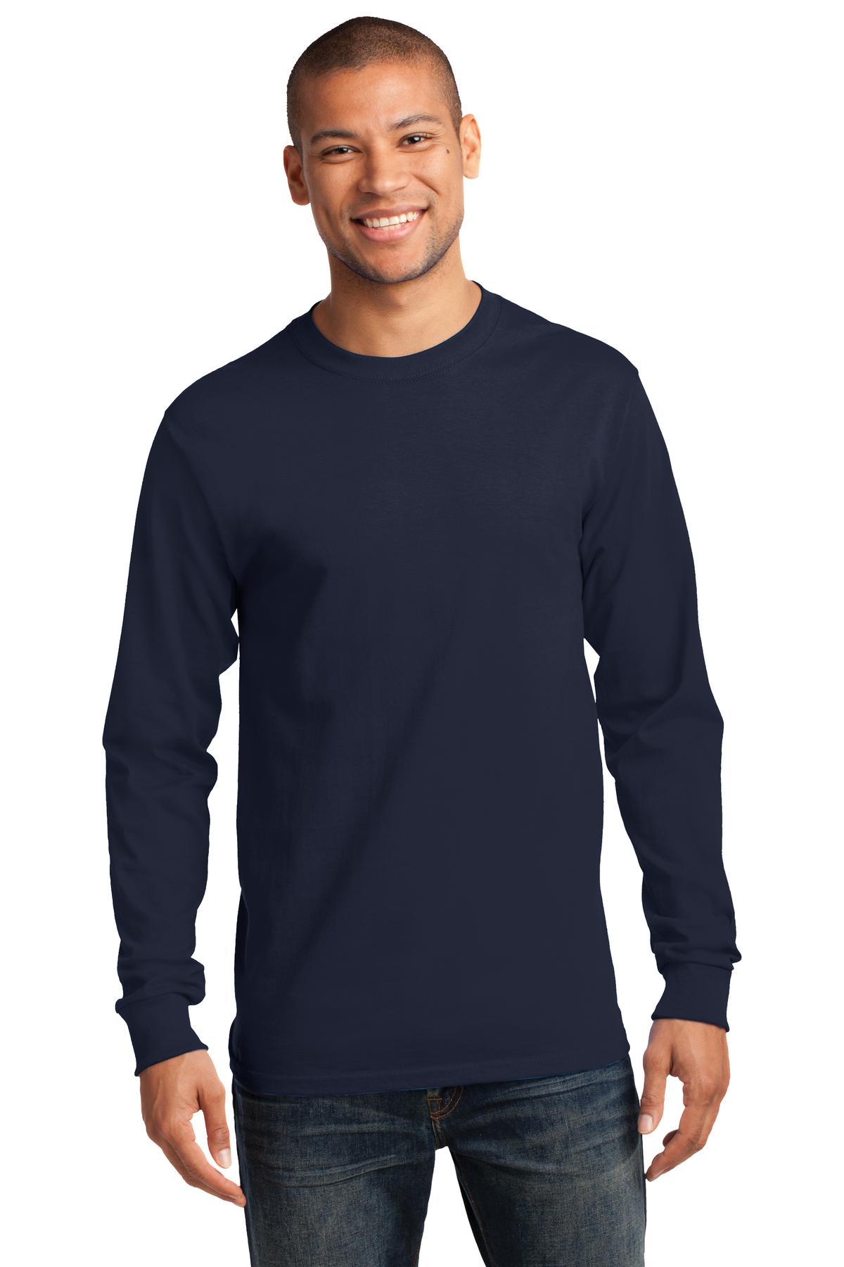 Front View of Deep Navy Port & Co Long Sleeve Essential Tee. PC61LS