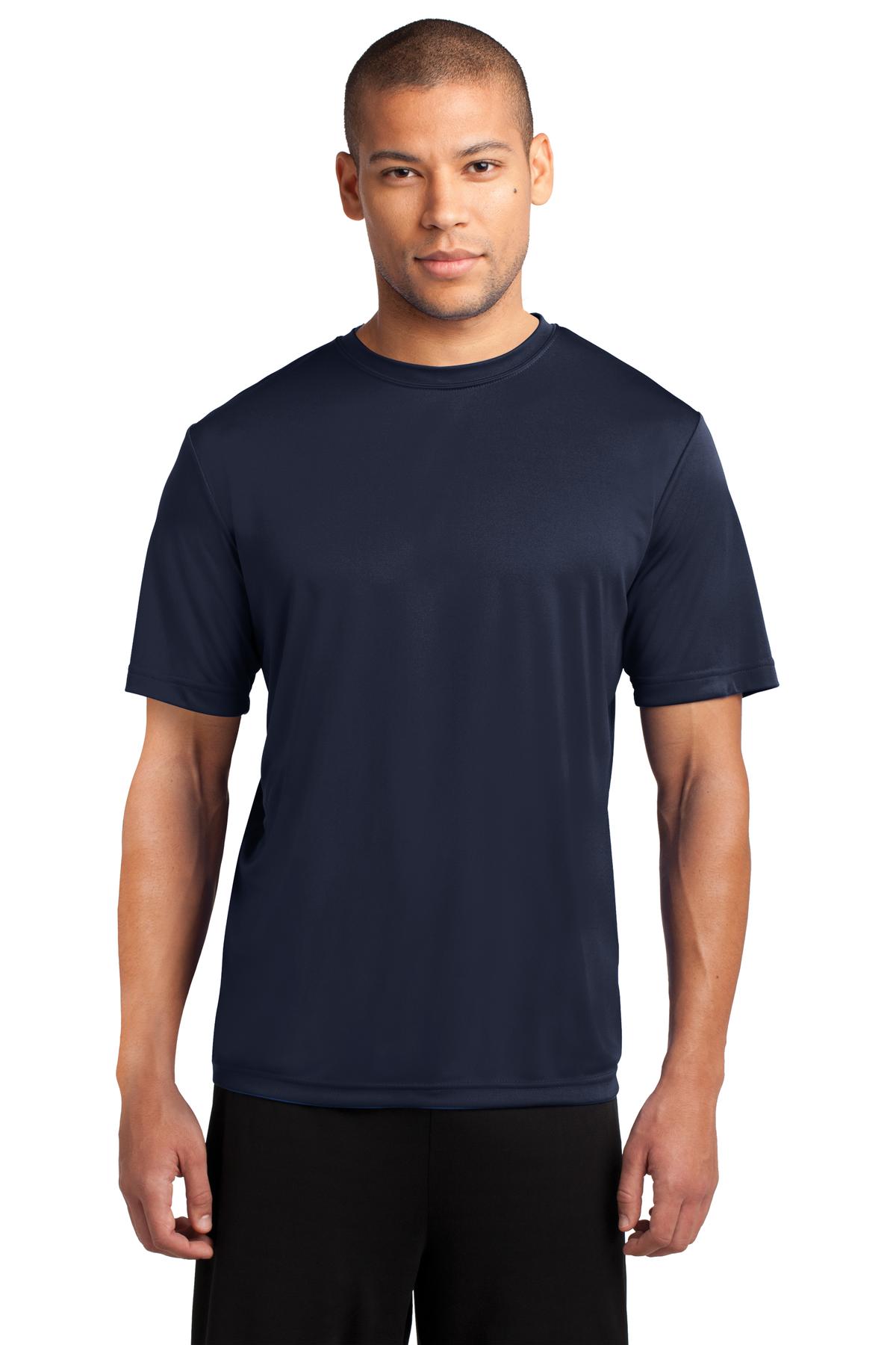 Front View of Deep Navy Port & Co Performance Tee. PC380