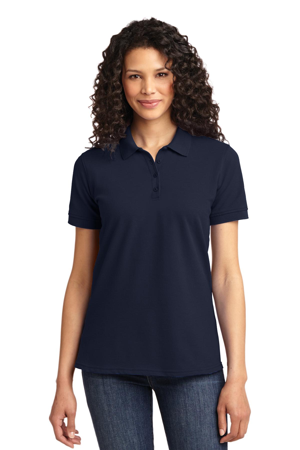 Front View of Deep Navy Port & Co Women's Core Blend Pique Polo. LKP155