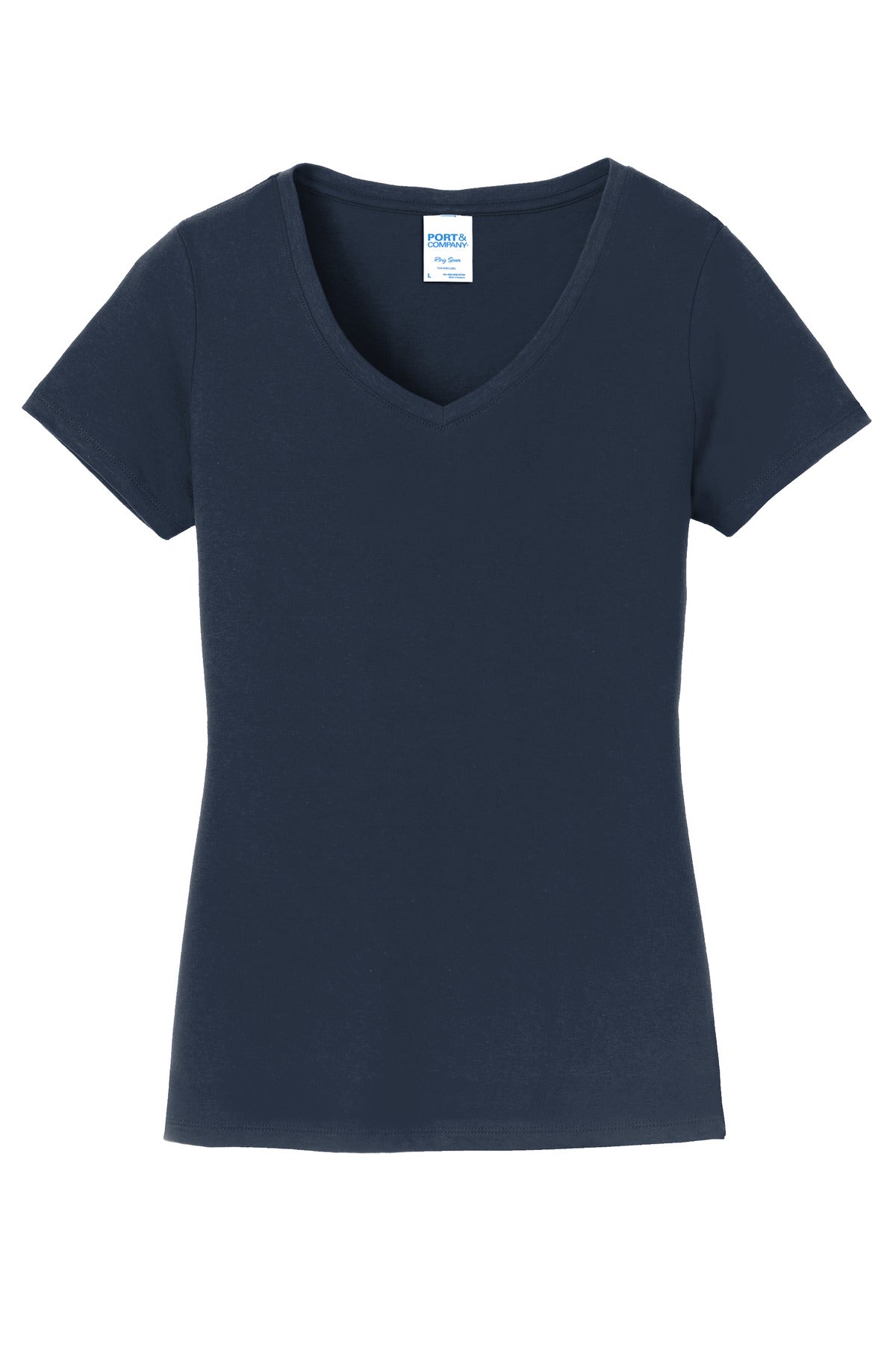 Front View of Deep Navy Port & Co Women's Fan Favorite V-Neck Tee. LPC450V