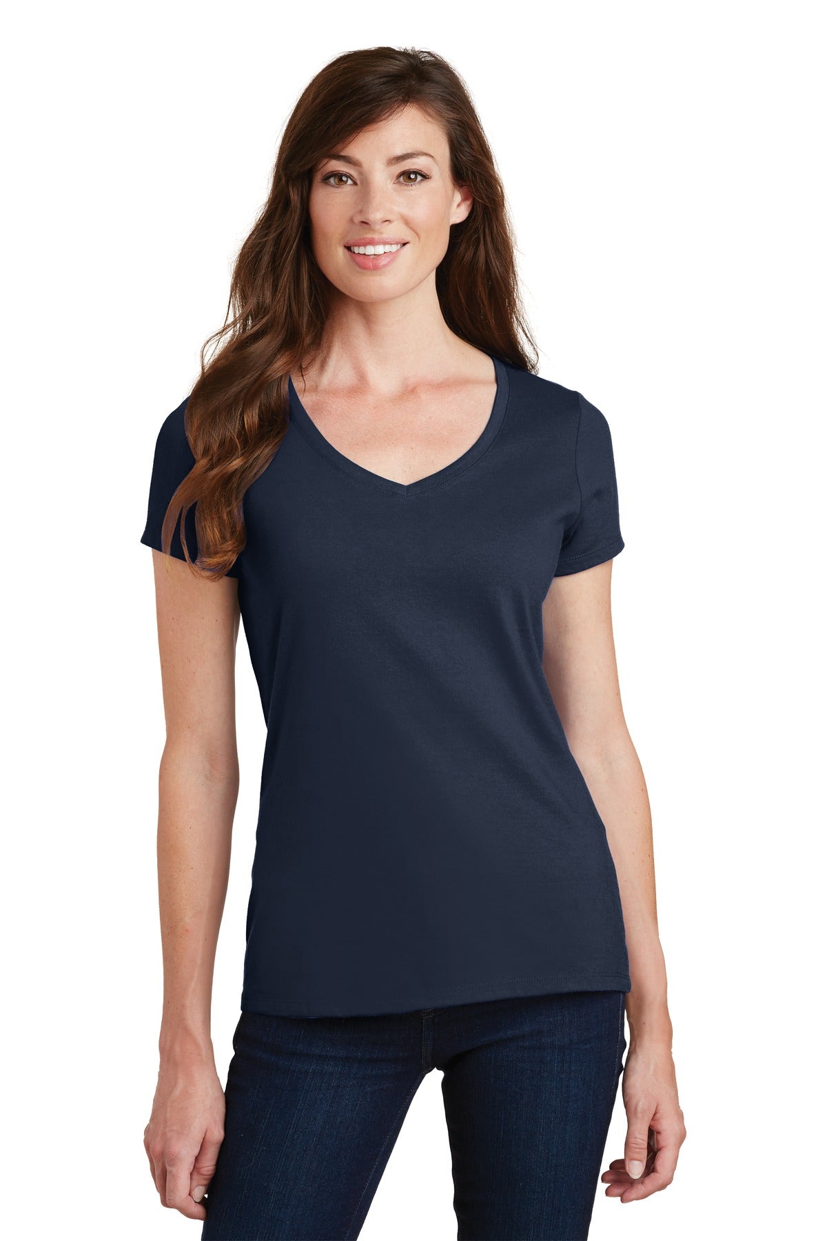 Front View of Deep Navy Port & Co Women's Fan Favorite V-Neck Tee. LPC450V