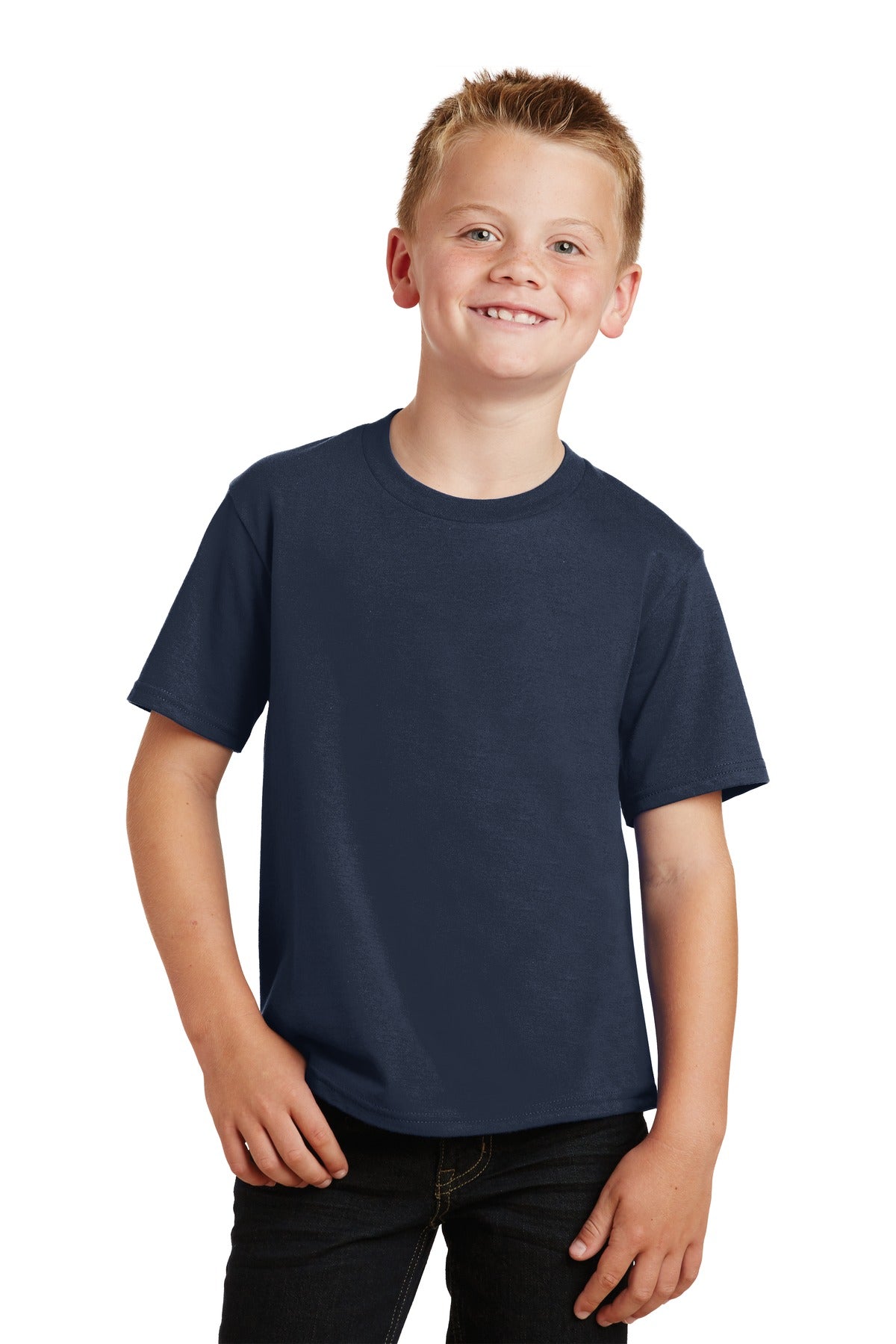 Front View of Deep Navy Port & Co Youth Fan Favorite Tee. PC450Y