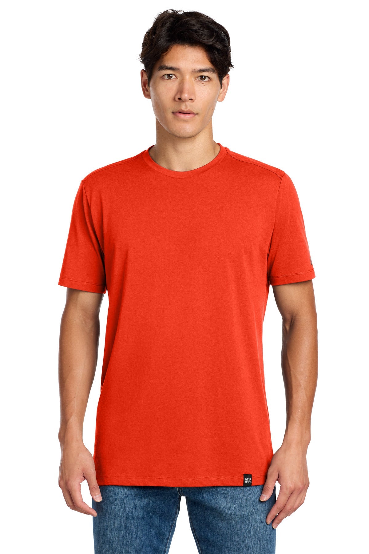 Front View of Deep Orange New Era Heritage Blend Crew Tee. NEA100