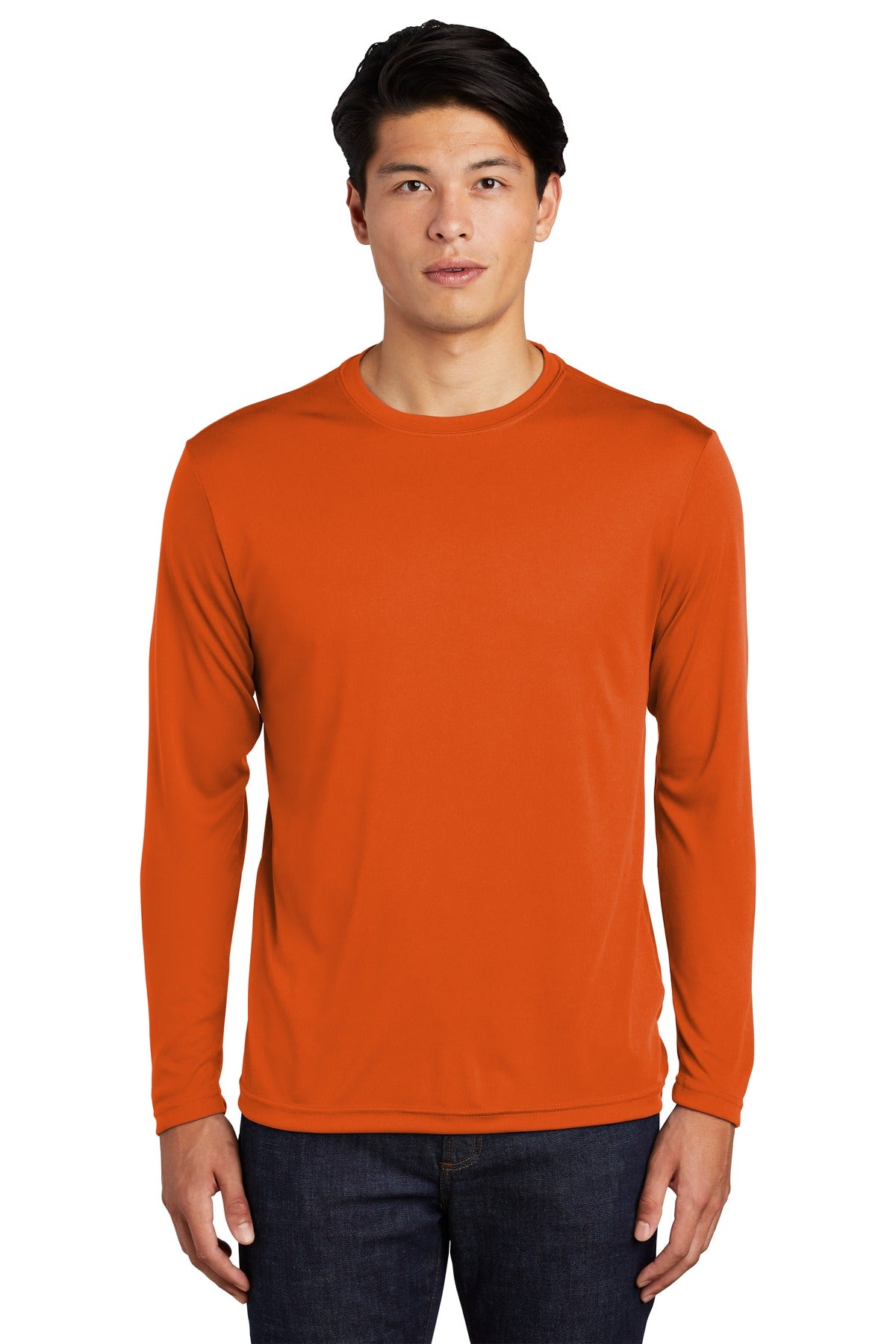 Front View of Deep Orange Sport-Tek Long Sleeve PosiCharge Competitor Tee. ST350LS
