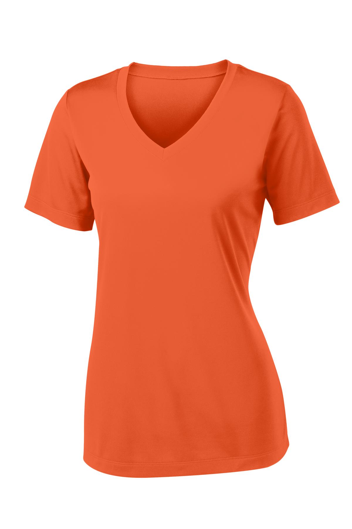 Front View of Deep Orange Sport-Tek Women's PosiCharge Competitor V-Neck Tee. LST353