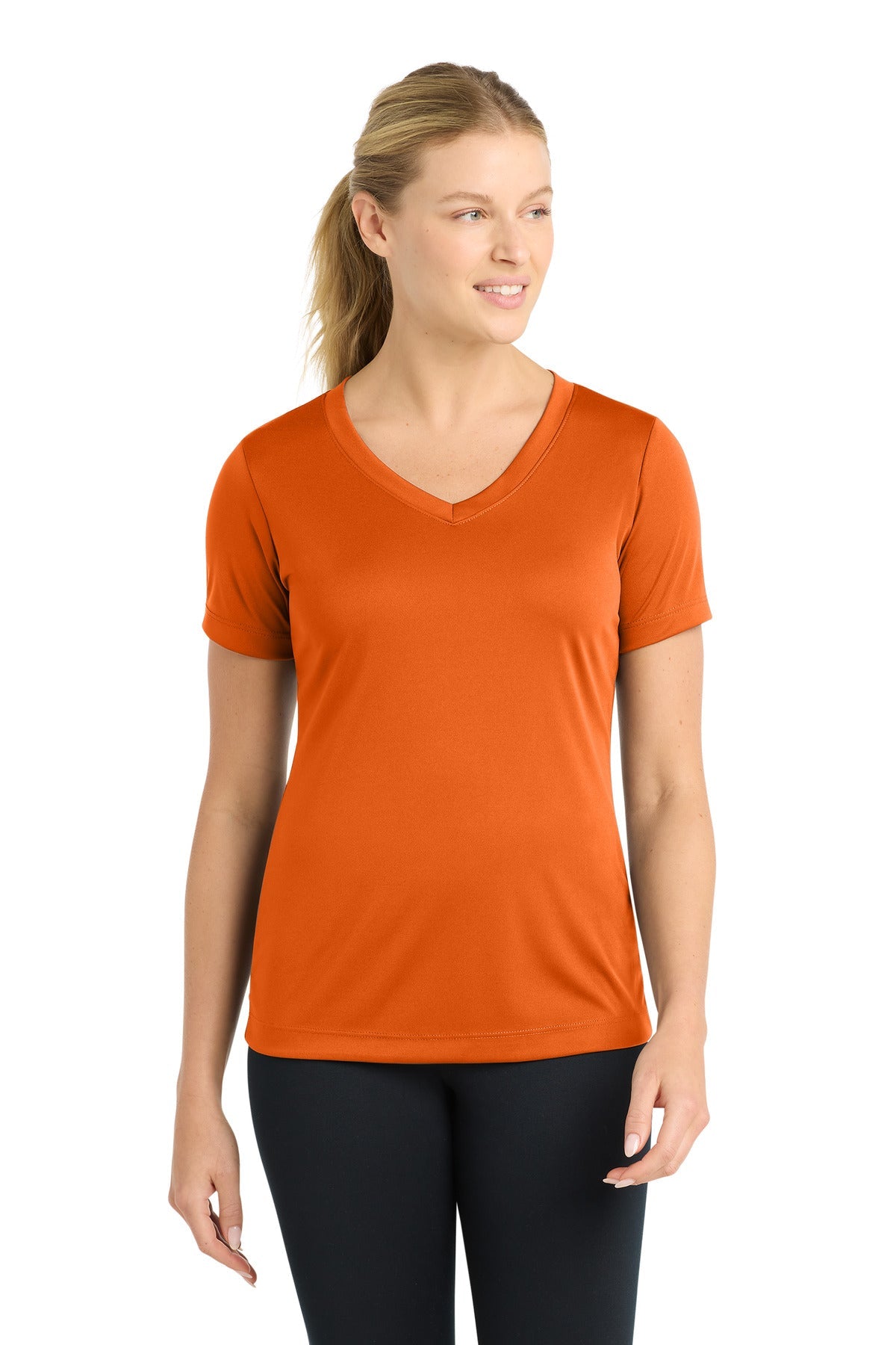 Front View of Deep Orange Sport-Tek Women's PosiCharge Competitor V-Neck Tee. LST353