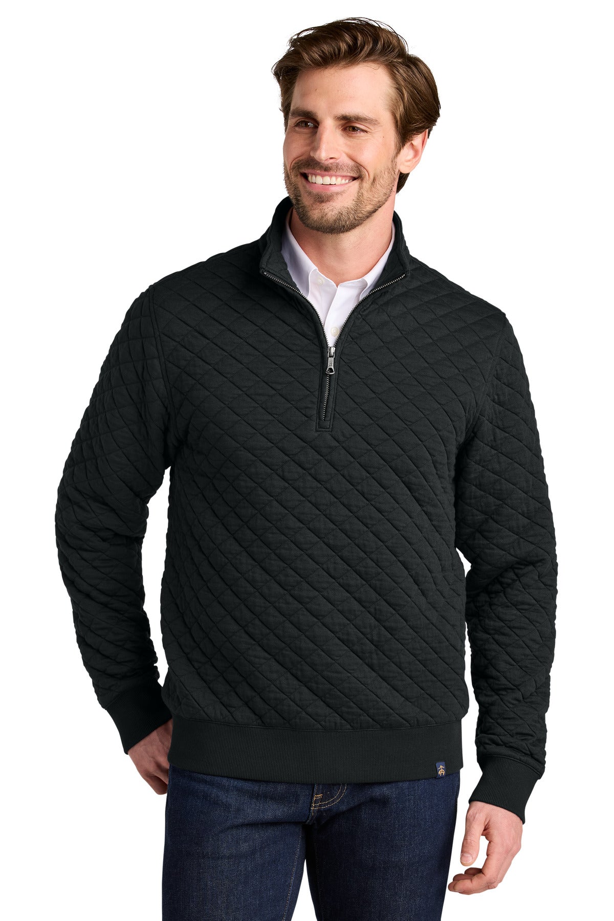 Front View of DeepBlack Brooks Brothers Diamond Quilt 1/4-Zip BB18212
