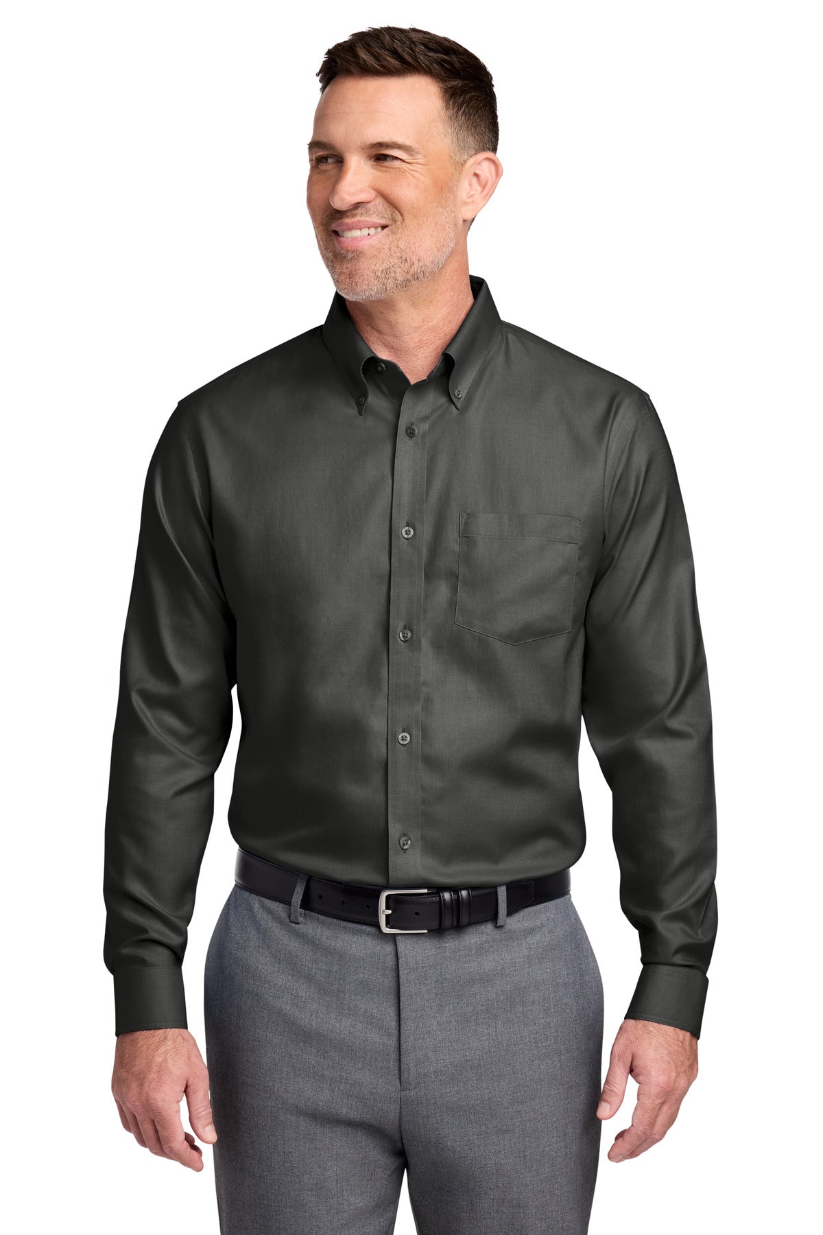 Front View of DeepBlack Brooks Brothers Tall Wrinkle-Free Stretch Nailhead Shirt TBB18002
