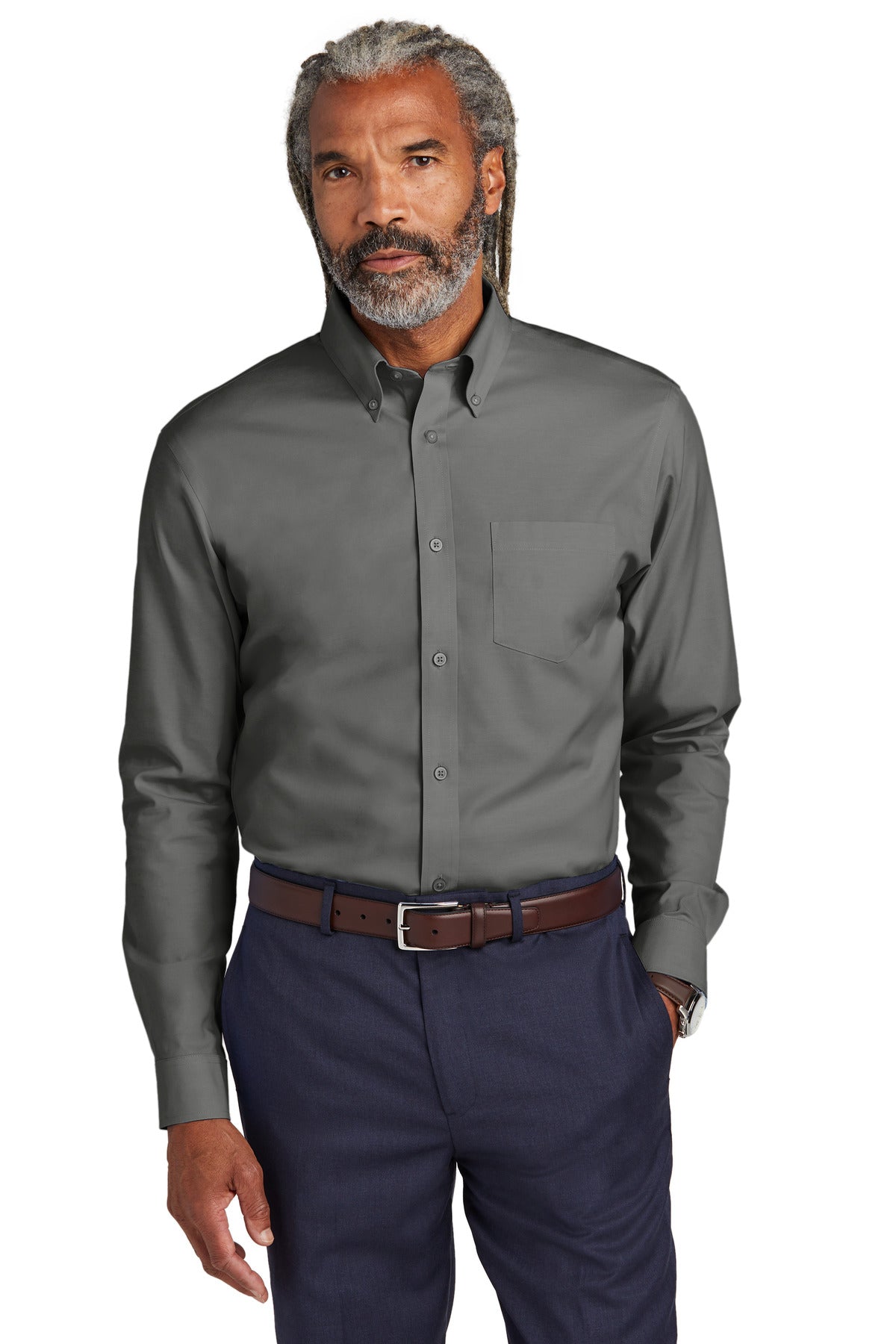 Front View of DeepBlack Brooks Brothers Tall Wrinkle-Free Stretch Pinpoint Shirt TBB18000