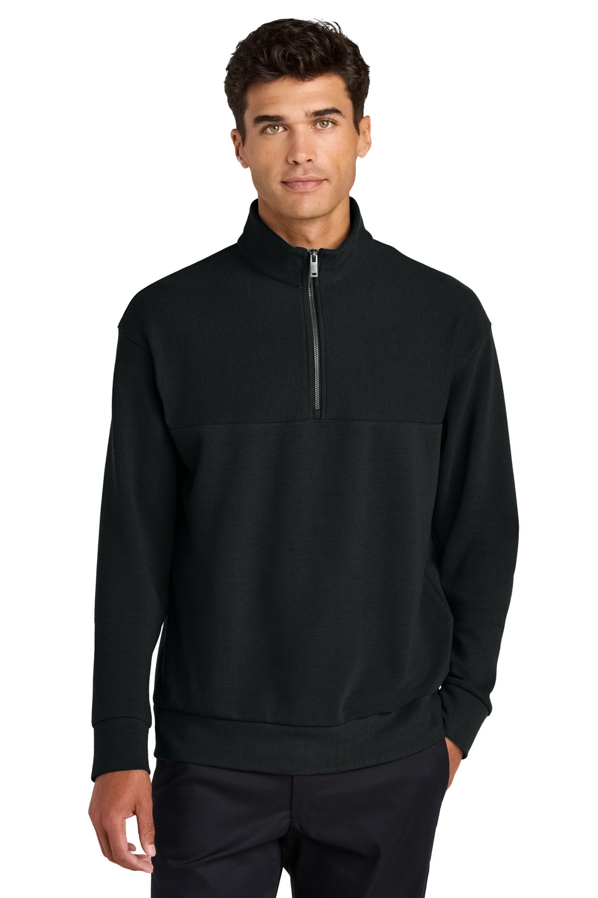 Front View of DeepBlack Mercer+Mettle Linear Texture 1/4-Zip MM3040