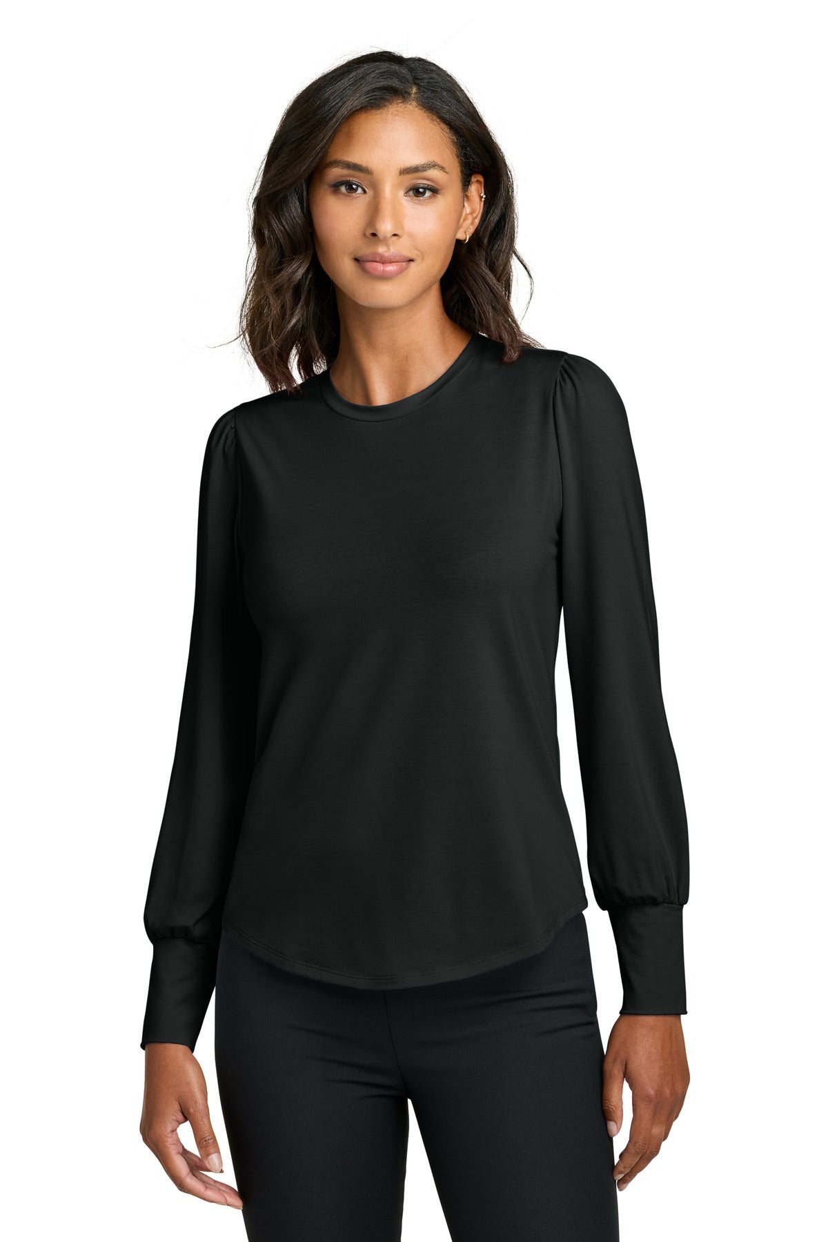 Front View of DeepBlack Mercer+Mettle Women's Stretch Jersey Long Sleeve Blouson Top MM1019
