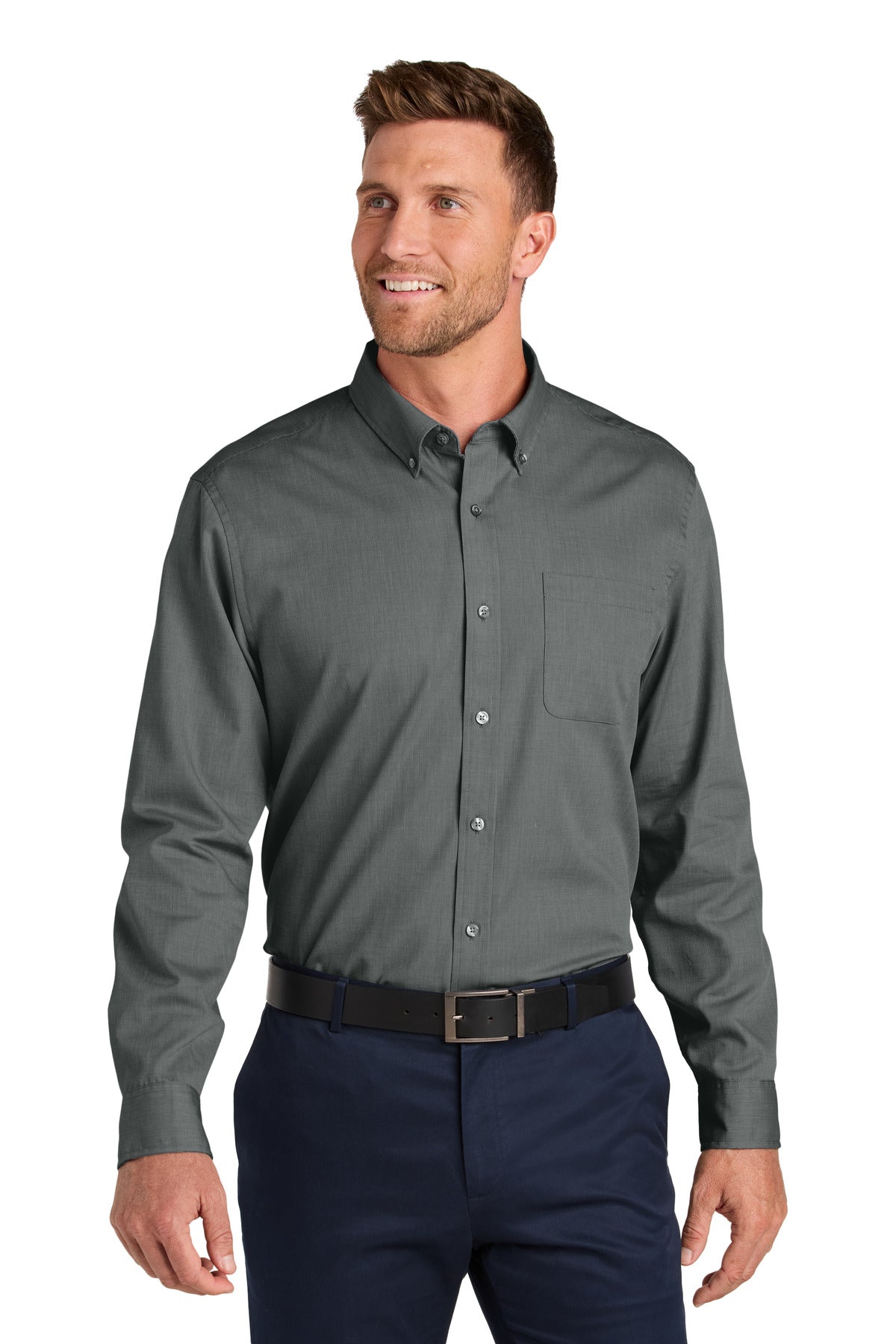 Front View of DeepBlack Port Authority Long Sleeve Nailhead Easy Care Shirt W816