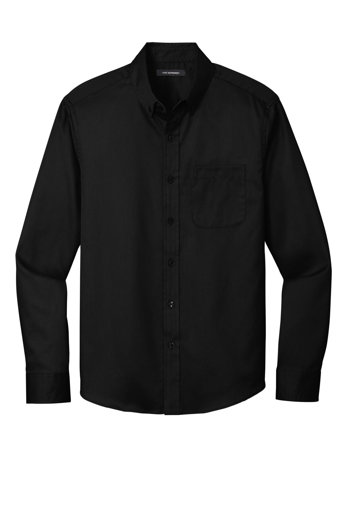 Front View of DeepBlack Port Authority Long Sleeve SuperPro React Twill Shirt. W808
