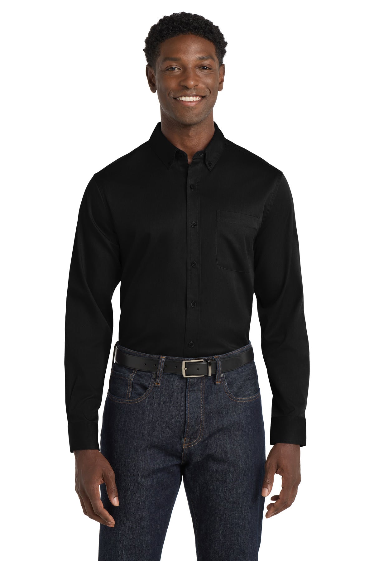 Front View of DeepBlack Port Authority Long Sleeve SuperPro React Twill Shirt. W808