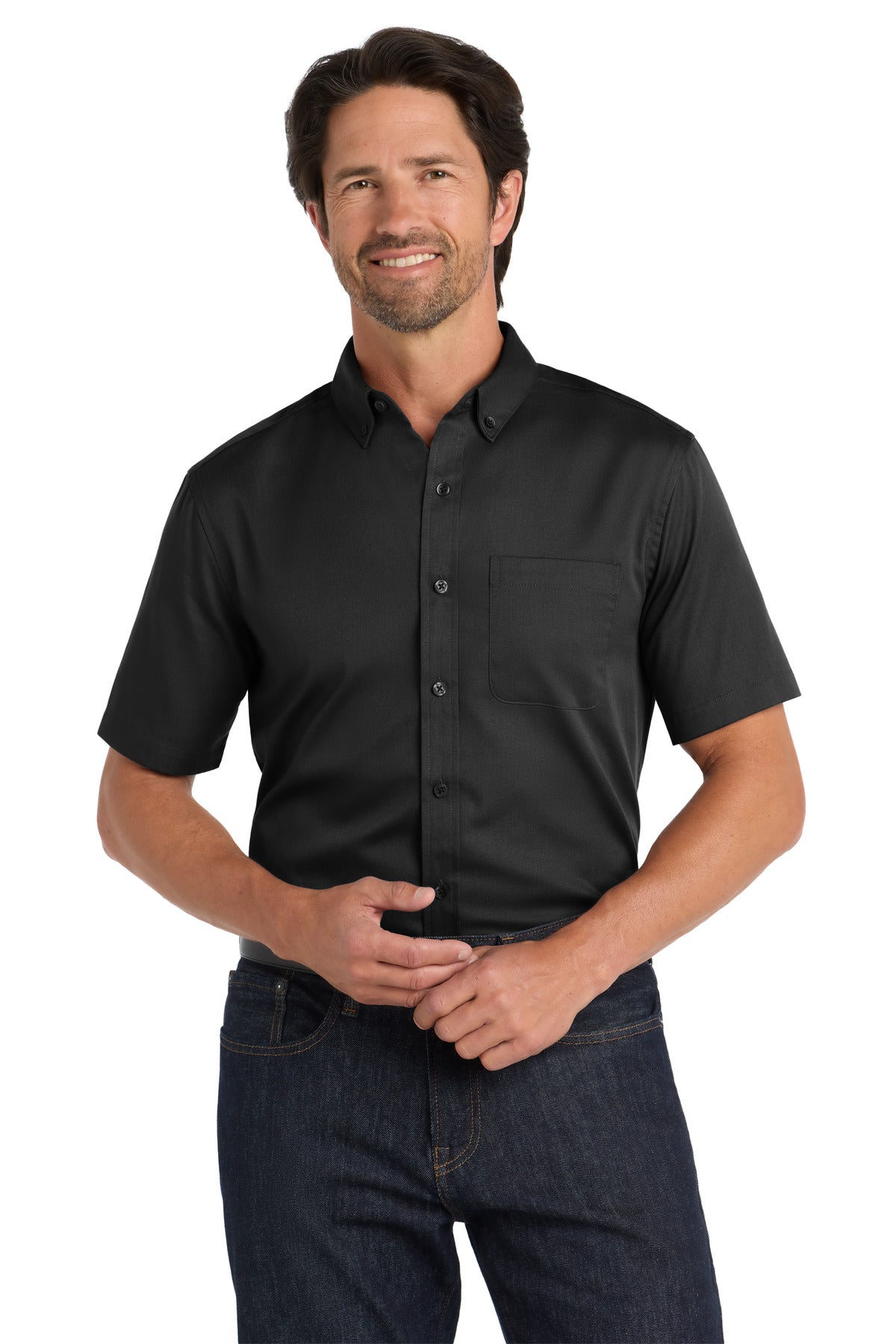Front View of DeepBlack Port Authority Short Sleeve SuperPro React Twill Shirt. W809