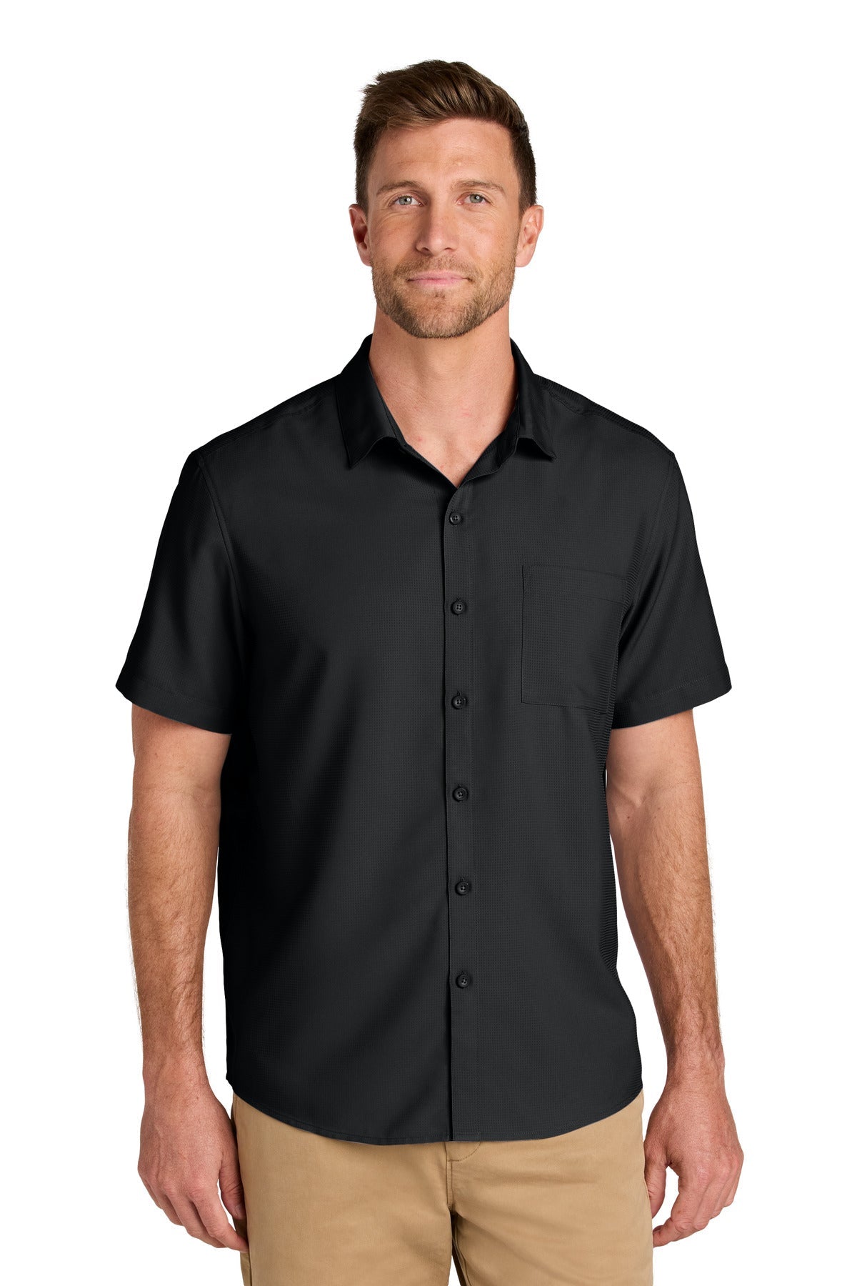 Front View of DeepBlack Port Authority Short Sleeve UV Dockside Shirt W963