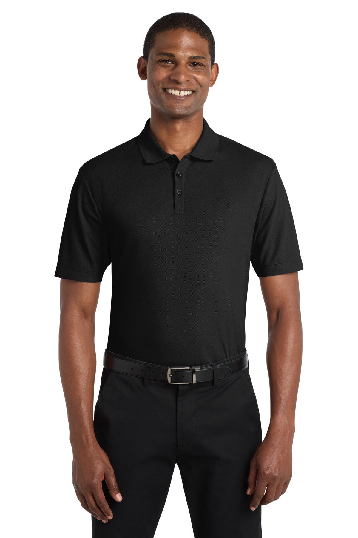 Front View of DeepBlack Port Authority SuperPro React Polo. K810